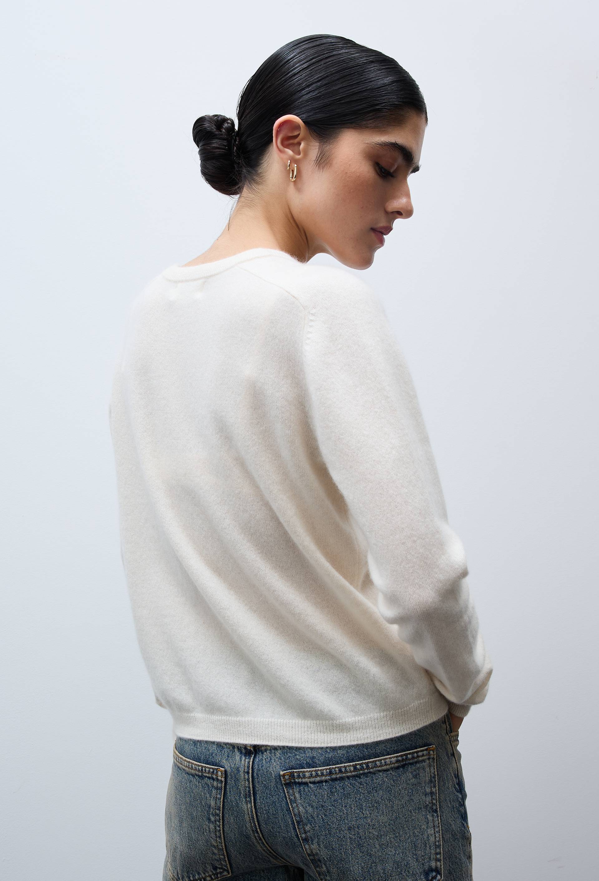 Cardigan uni col rond en 100% cachemire, Ecru, large image number 2.0