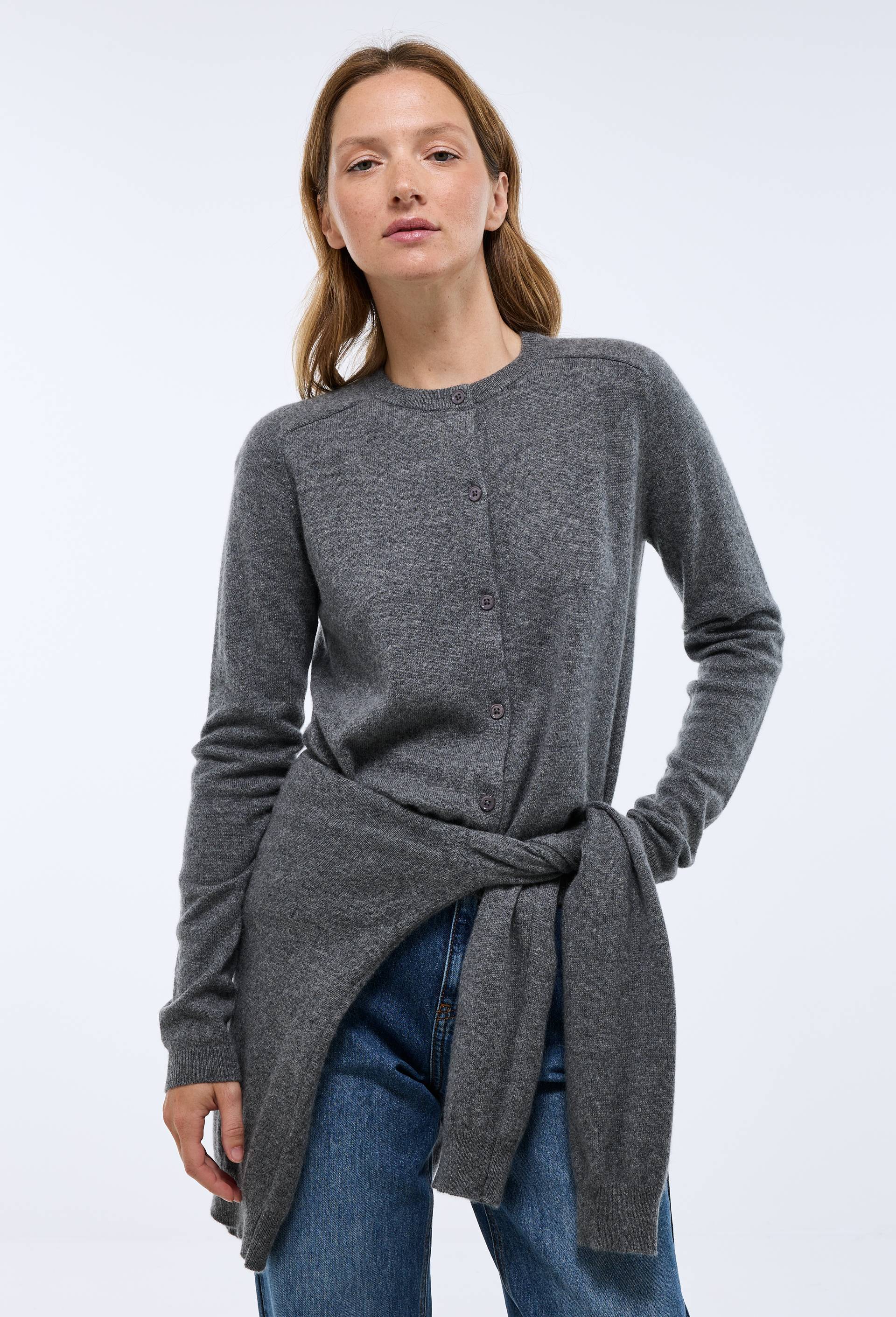 Cardigan uni col rond en 100% cachemire, Gris, large image number 1