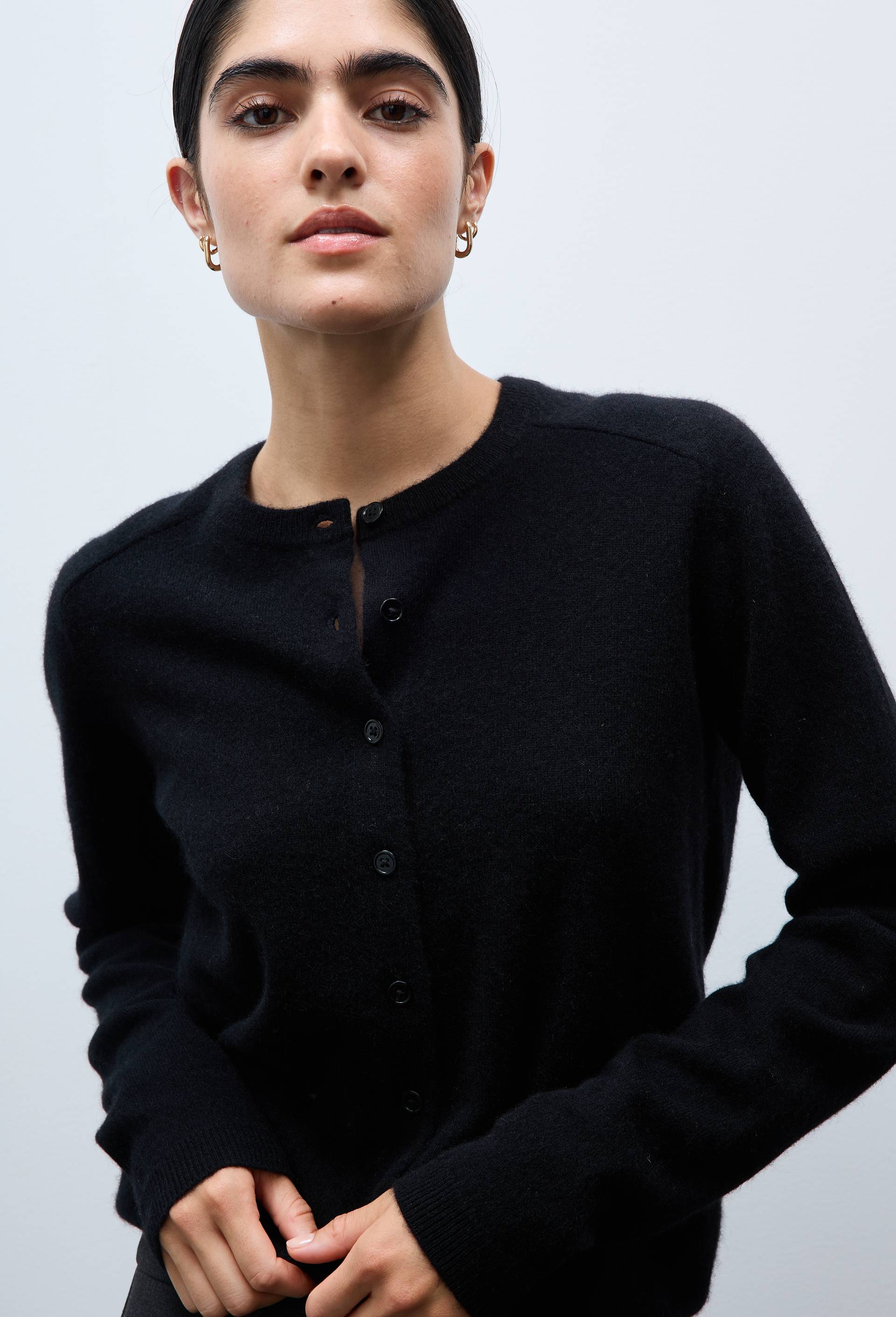 Cardigan uni col rond en 100% cachemire, Noir, large image number 0.0