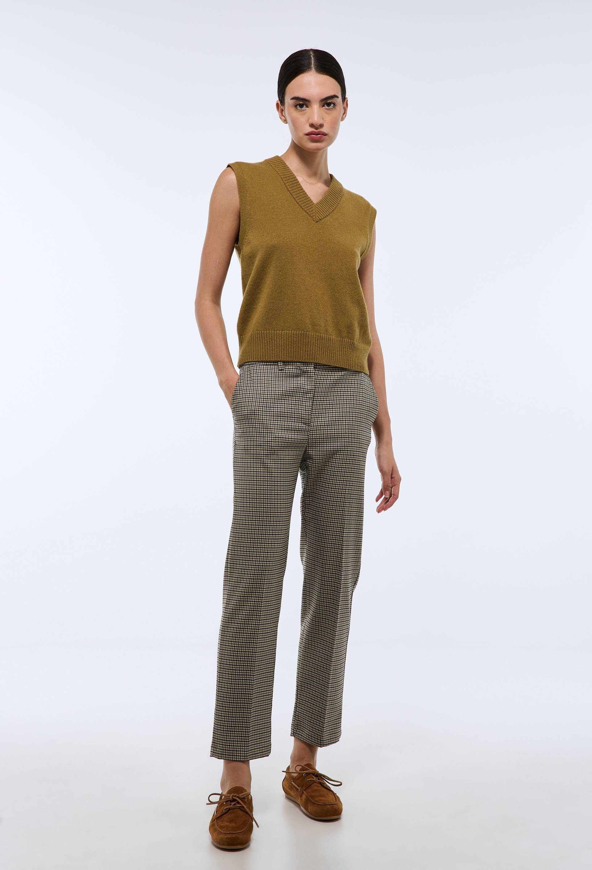 Pantalon droit plis cass&eacute; &agrave; petits carreaux, Beige, large image number 0
