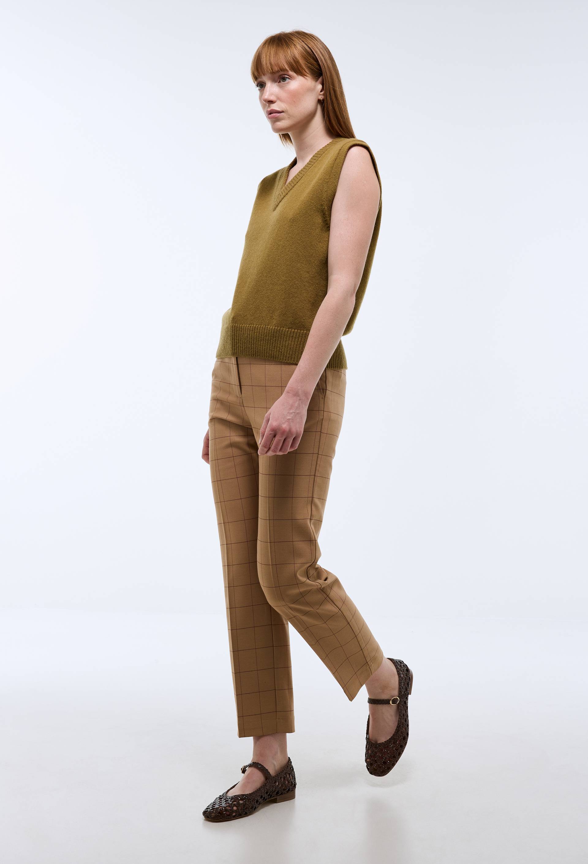 Pantalon droit plis cass&eacute; &agrave; carreaux, Beige, large image number 0