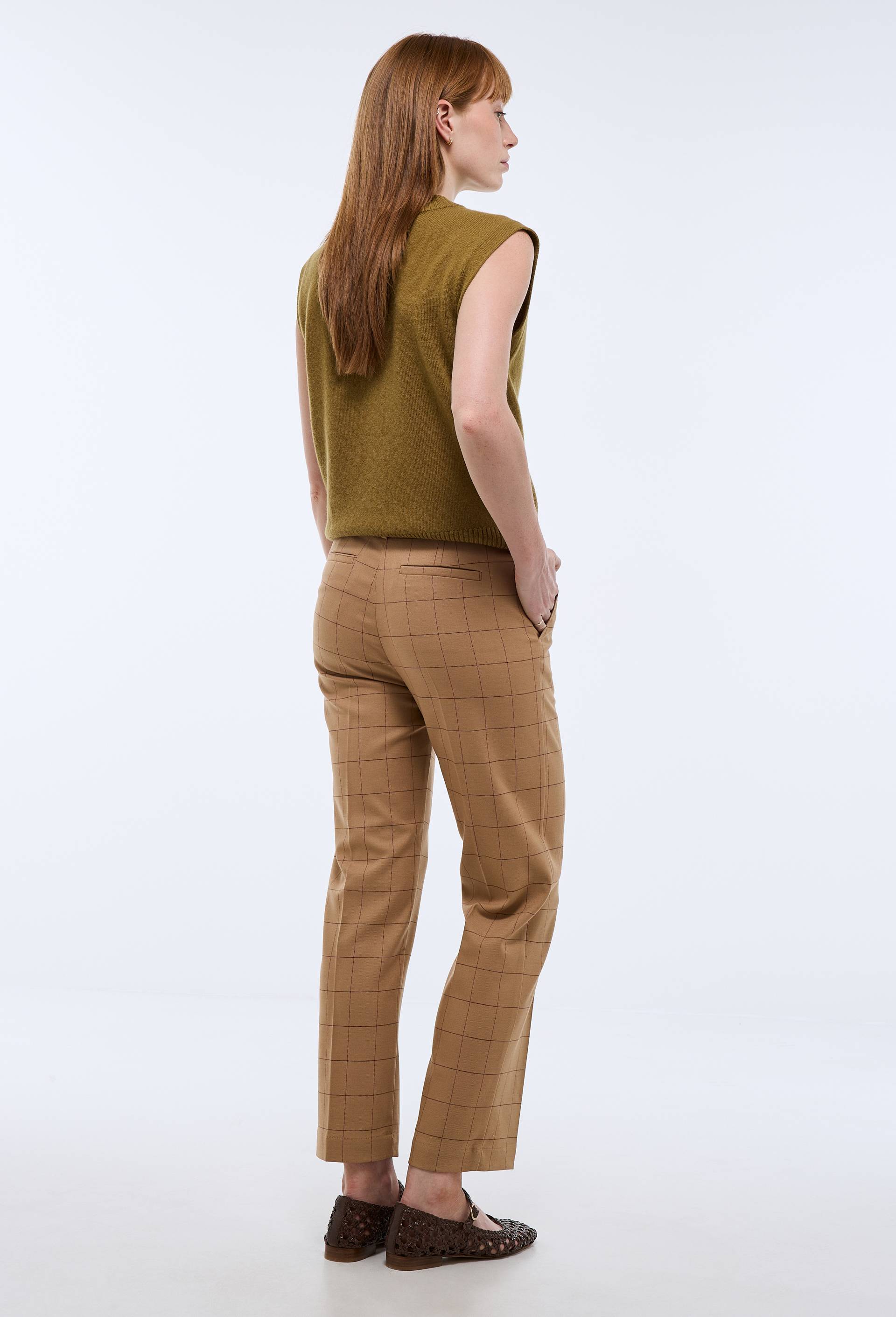 Pantalon droit plis cass&eacute; &agrave; carreaux, Beige, large image number 1