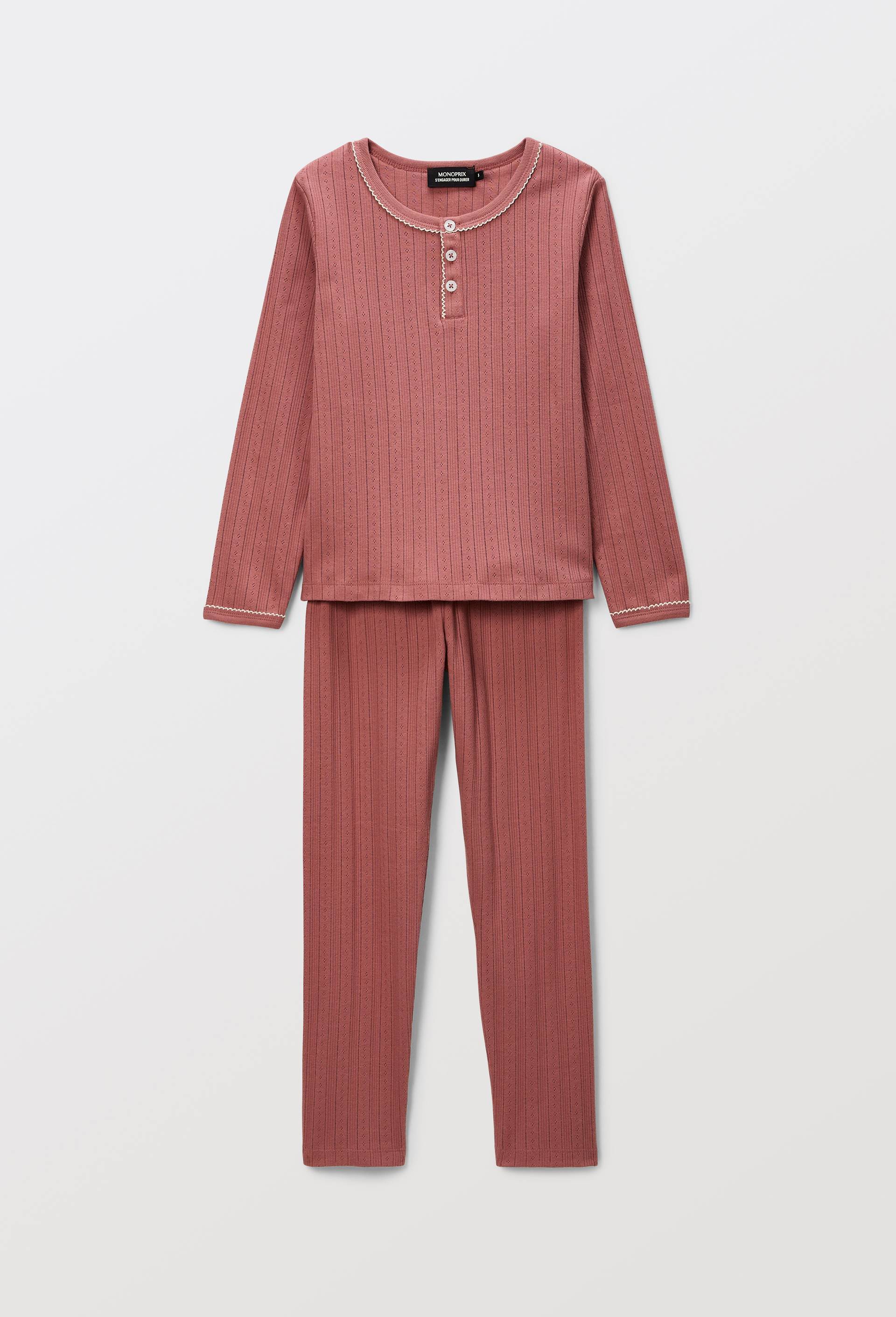 Pyjama manches longues pointelle en coton BIO GOTS, Rose fonc&eacute;, large image number 1.0