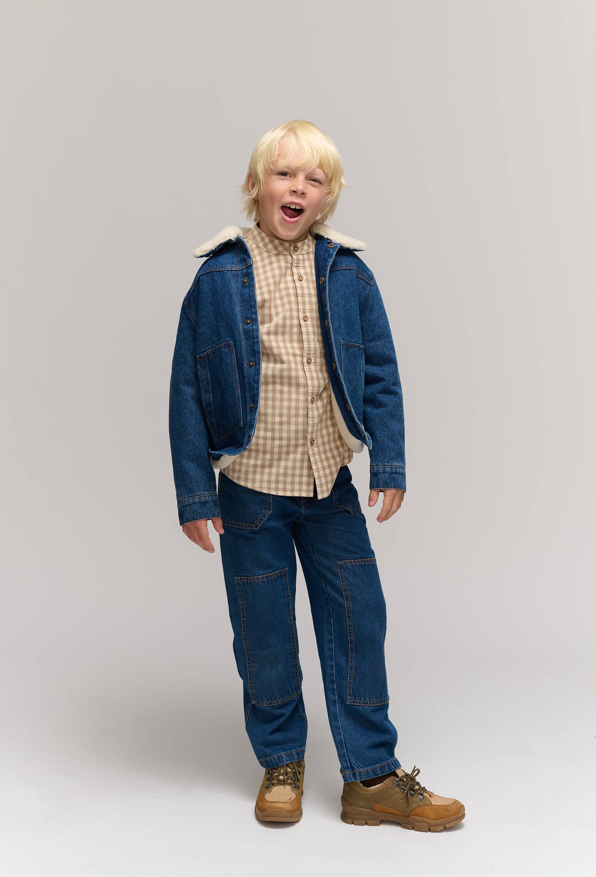 Veste en jean col et doublure en sherpa en coton, Bleu fonc&eacute;, swatch image