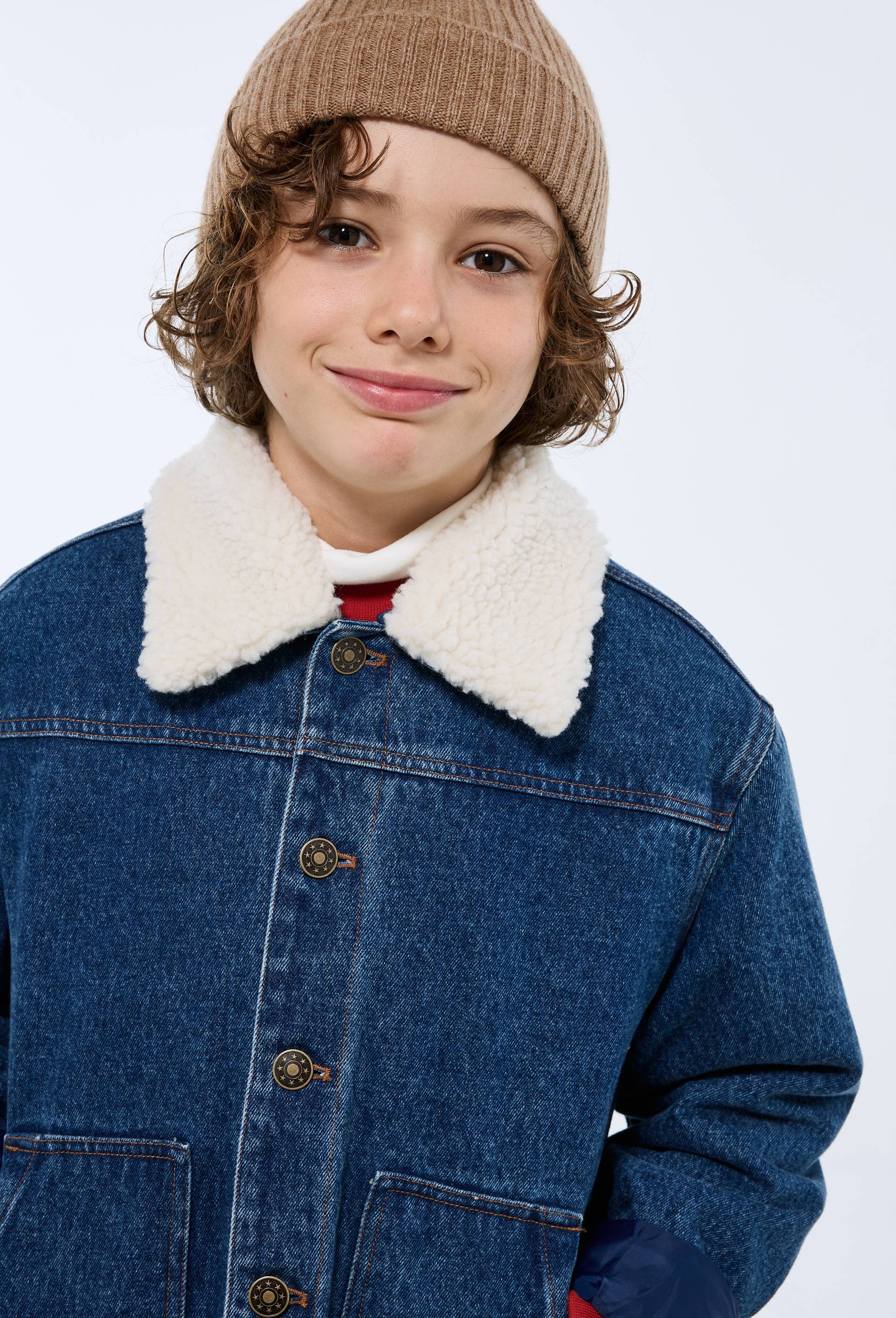 Veste en jean col et doublure en sherpa en coton, Bleu fonc&eacute;, large image number 1.0