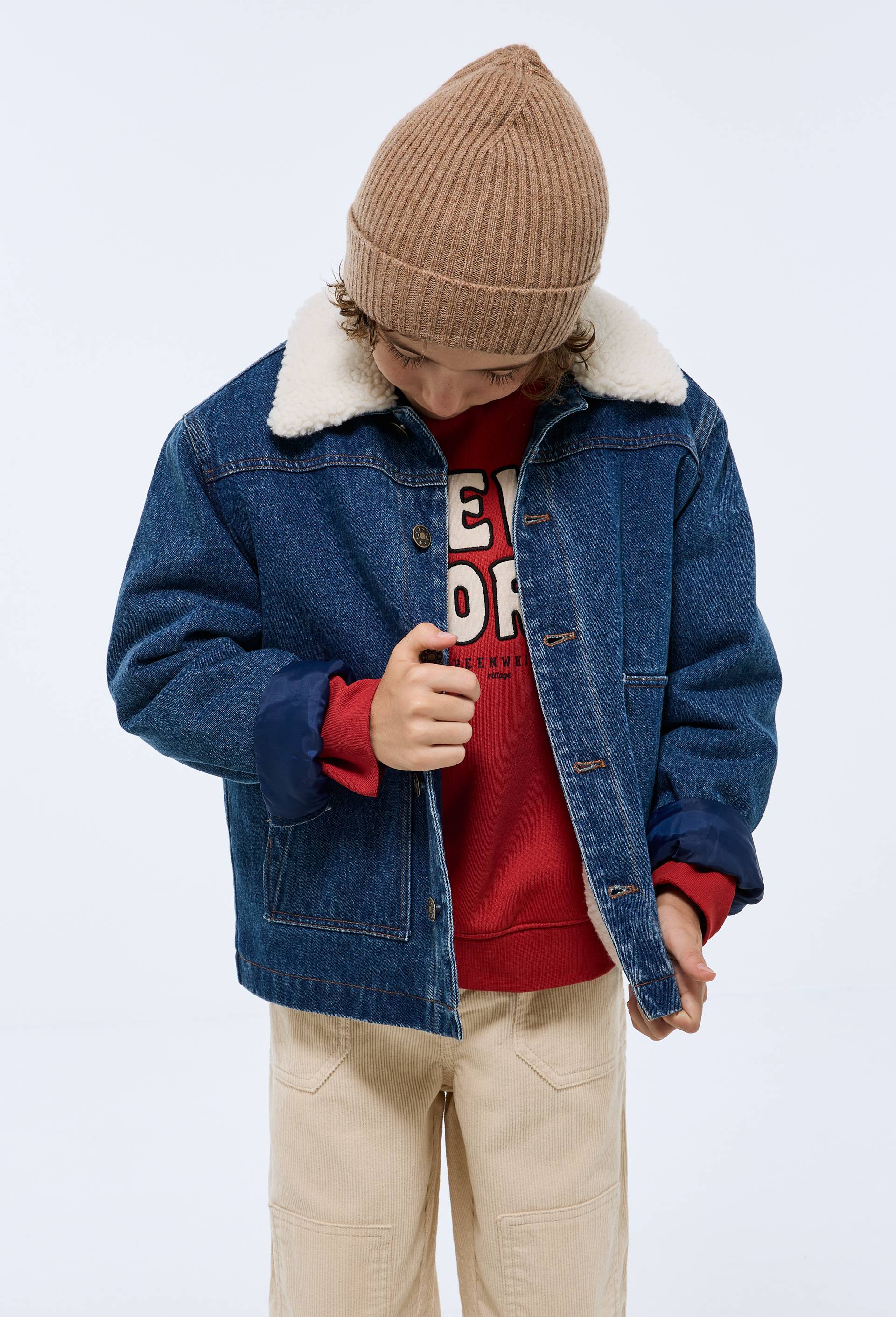 Veste en jean col et doublure en sherpa en coton, Bleu fonc&eacute;, large image number 2.0