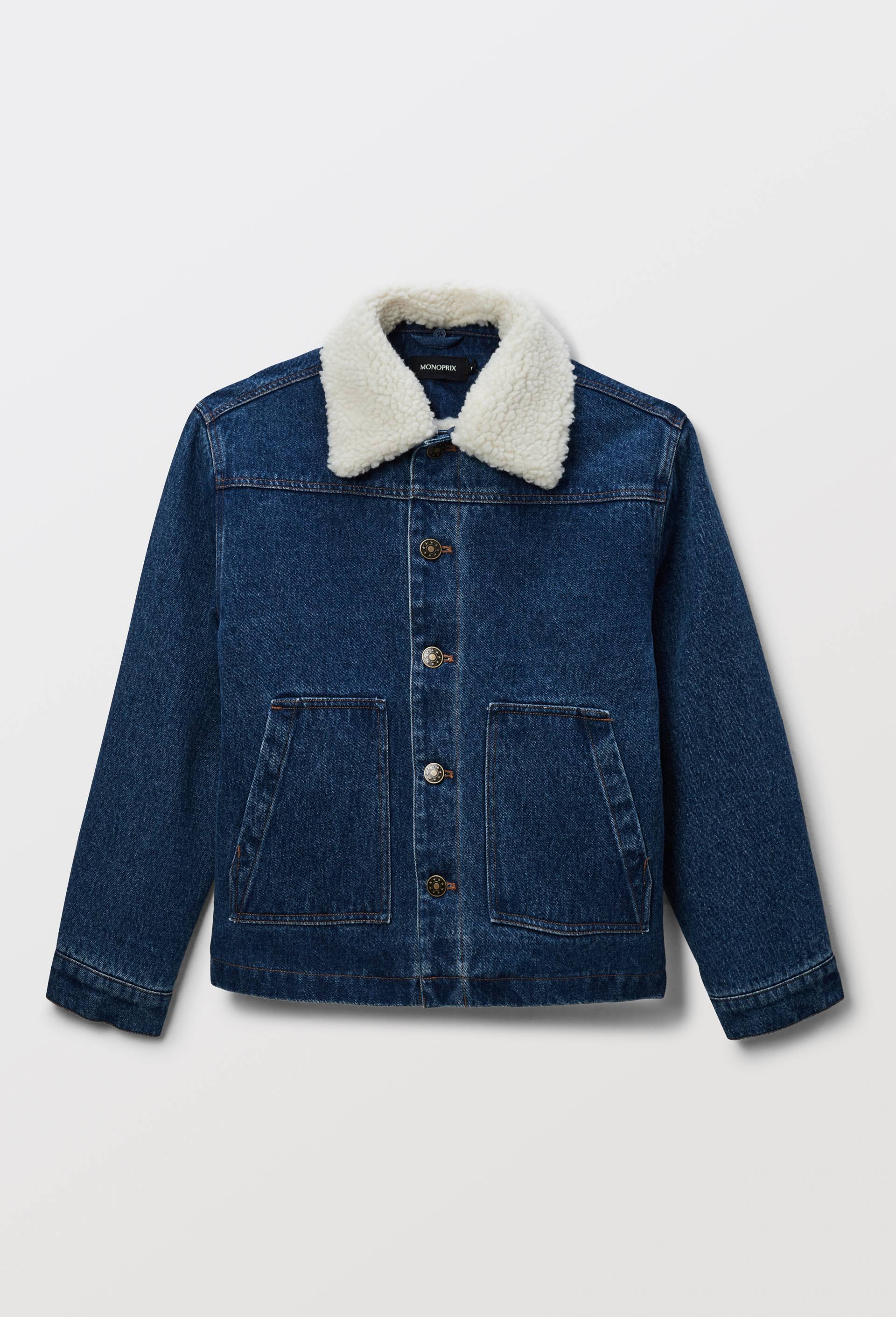 Veste en jean col et doublure en sherpa en coton, Bleu fonc&eacute;, large image number 3.0