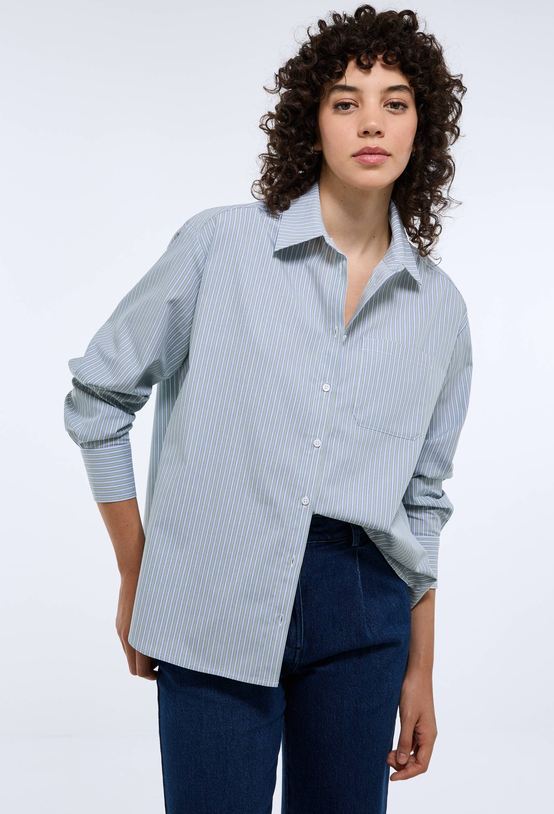 Chemise manches longues ray&eacute;e en coton BIO GOTS, Bleu, swatch image