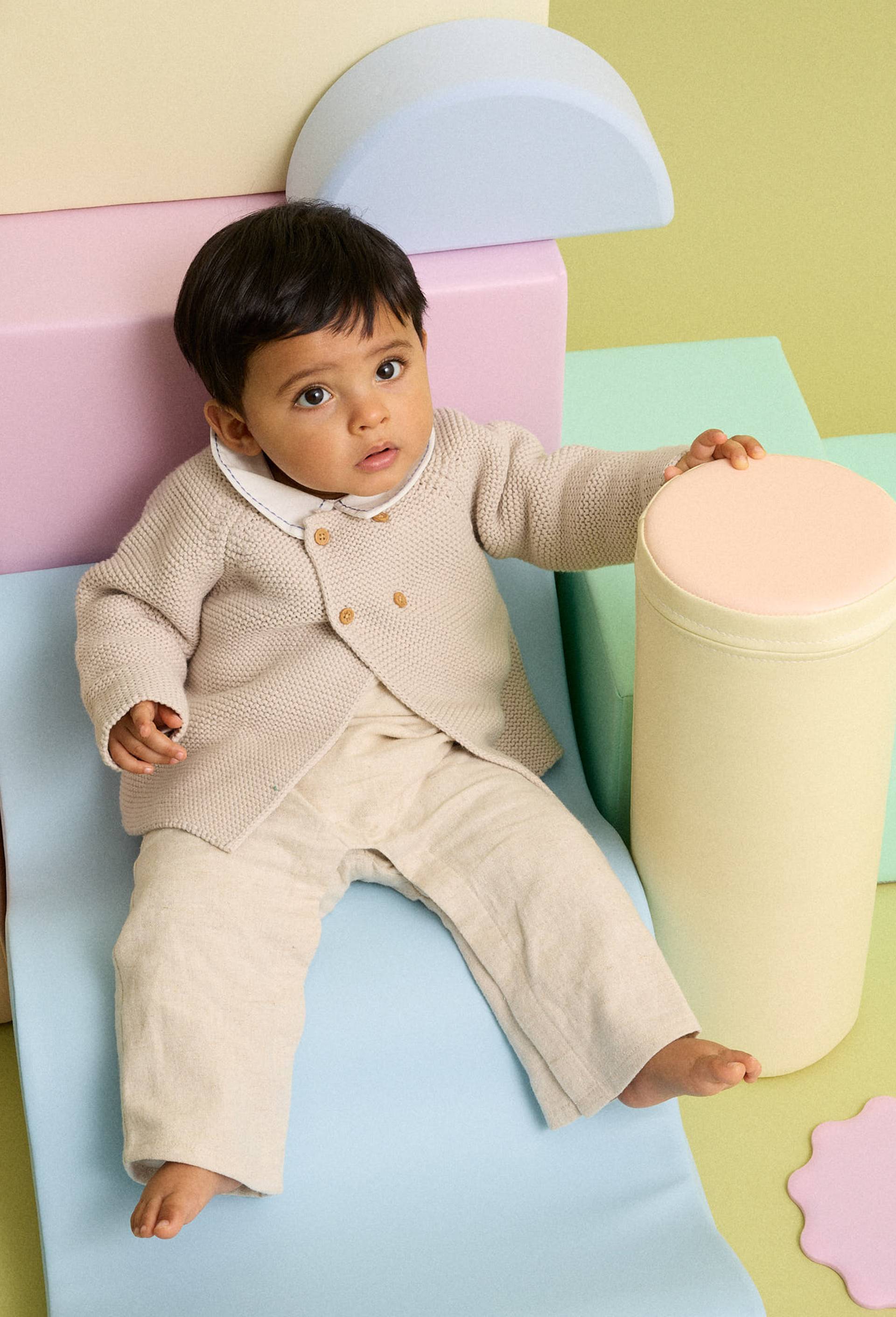 Cardigan uni en point mousse en coton, Beige, swatch image