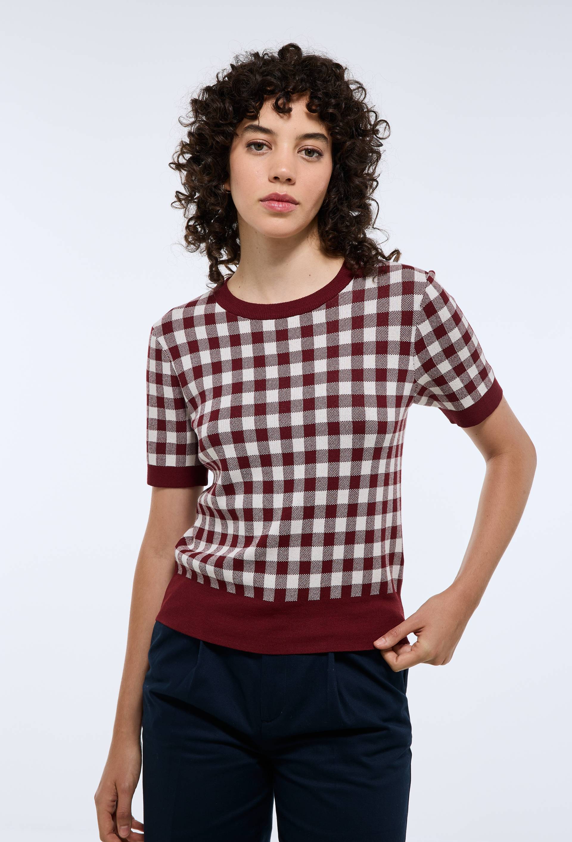 Pull manches courtes motif vichy, Rouge fonc&eacute;, large image number 0