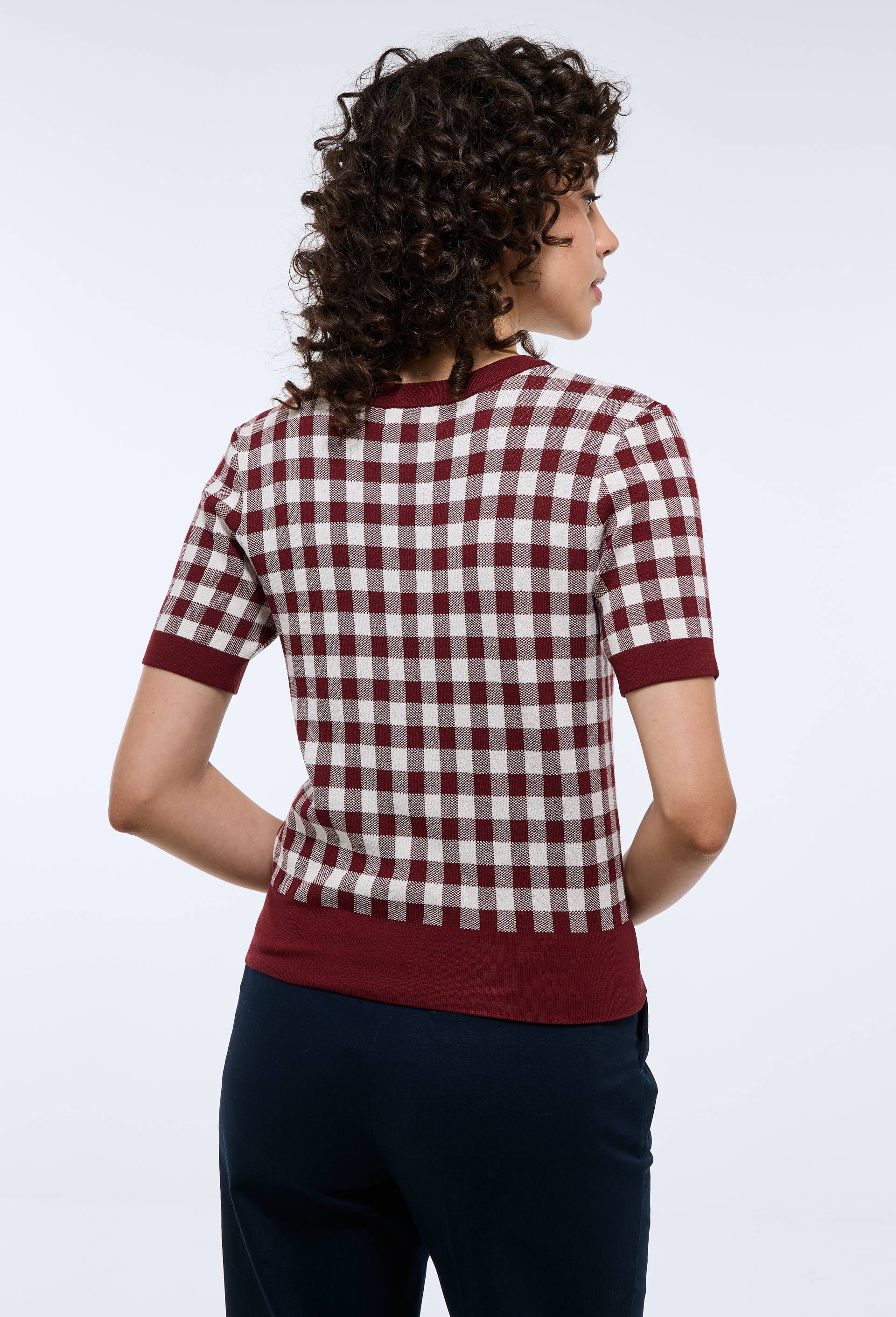 Pull manches courtes motif vichy, Rouge fonc&eacute;, large image number 1.0