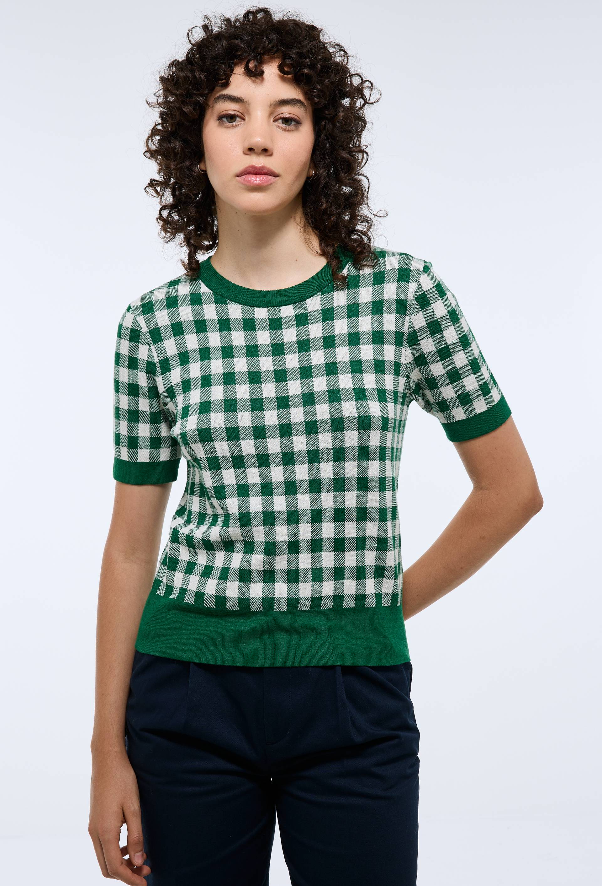 Pull manches courtes motif vichy, Vert, large image number 0
