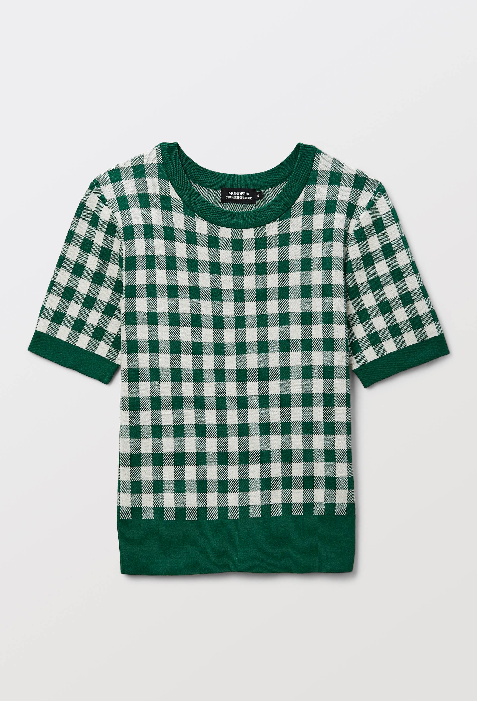 Pull manches courtes motif vichy, Vert, large image number 2.0