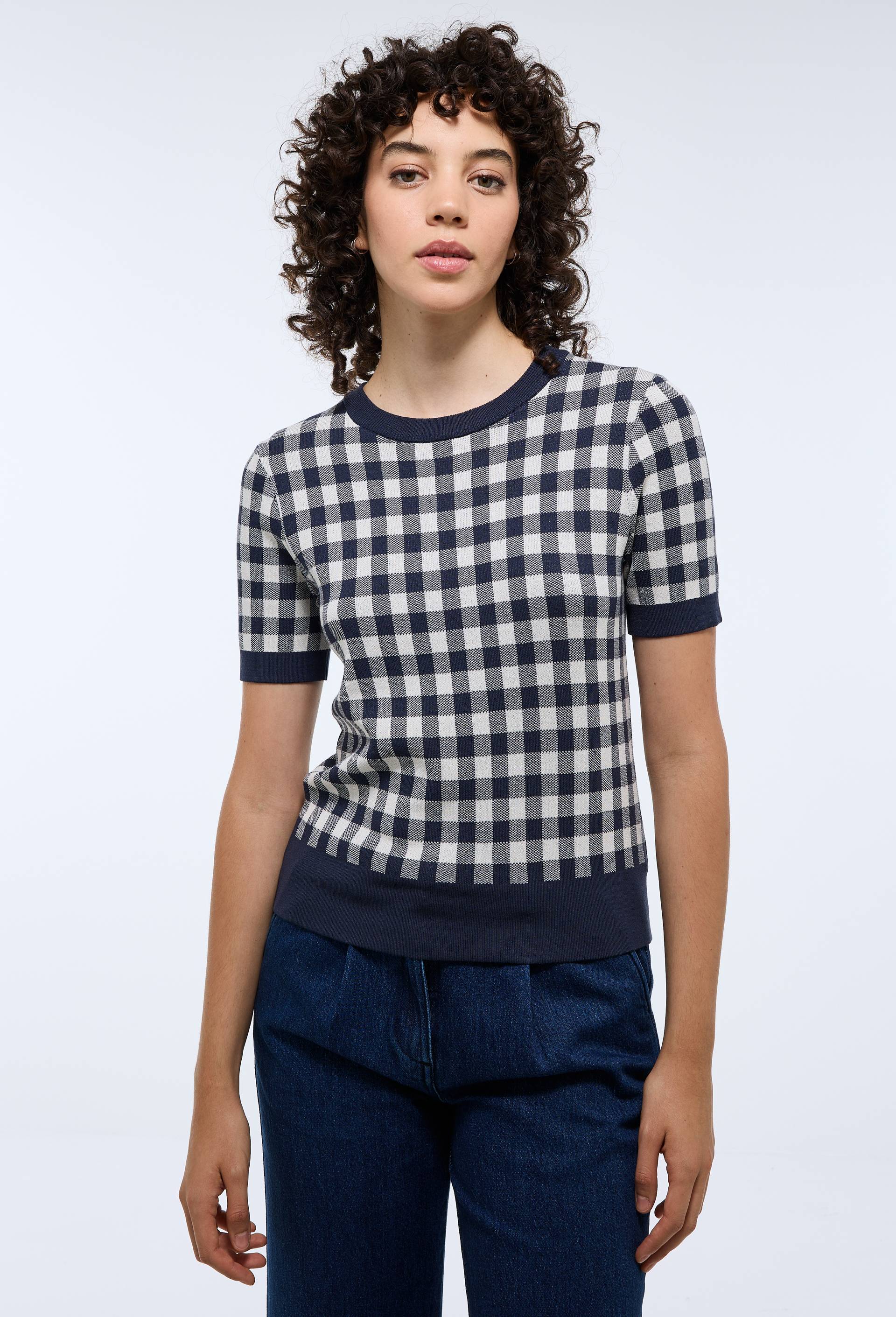 Pull manches courtes motif vichy, Bleu fonc&eacute;, large image number 0.0