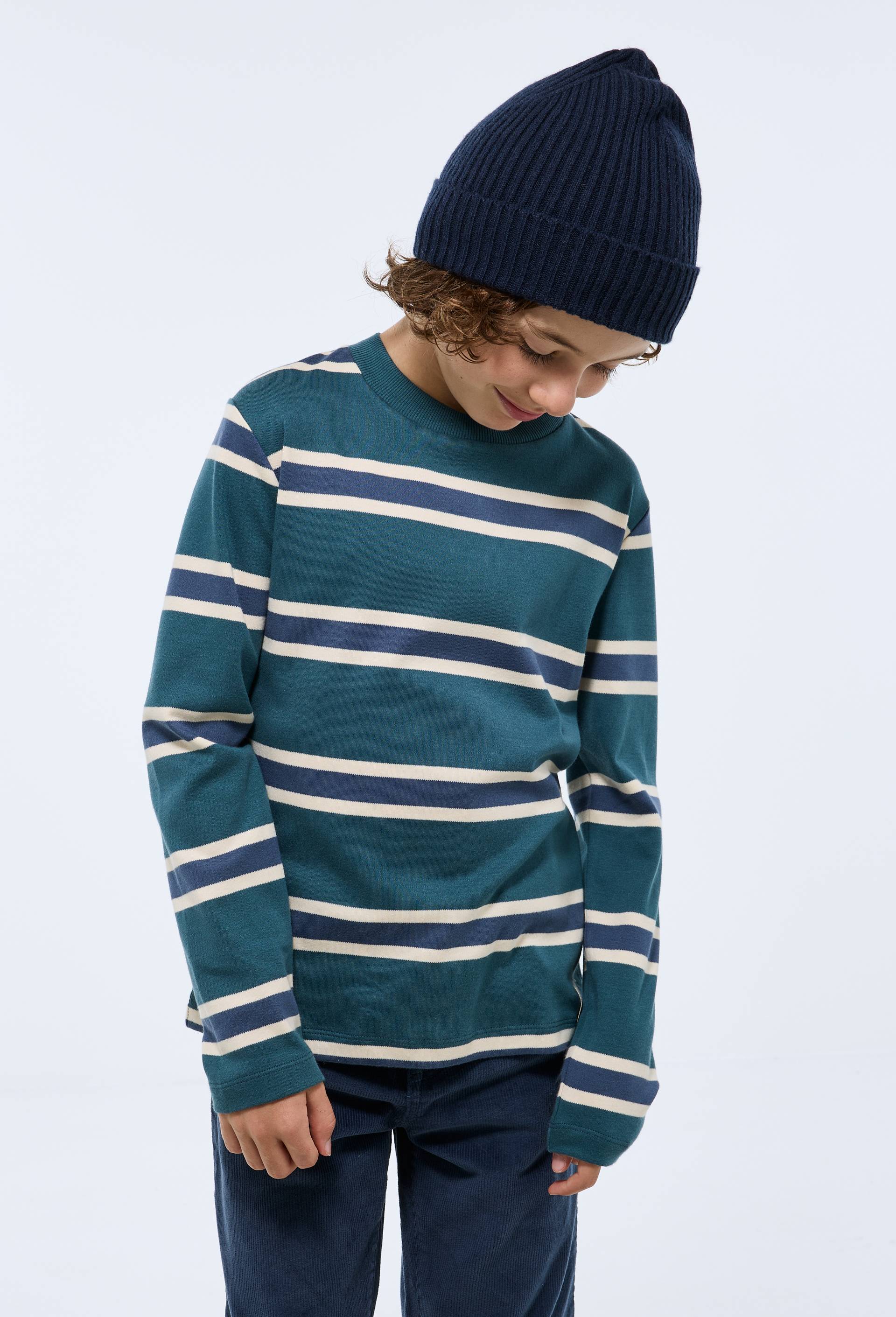 T-shirt manches longues ray&eacute; en coton BIO GOTS, Vert fonc&eacute;, large image number 0.0