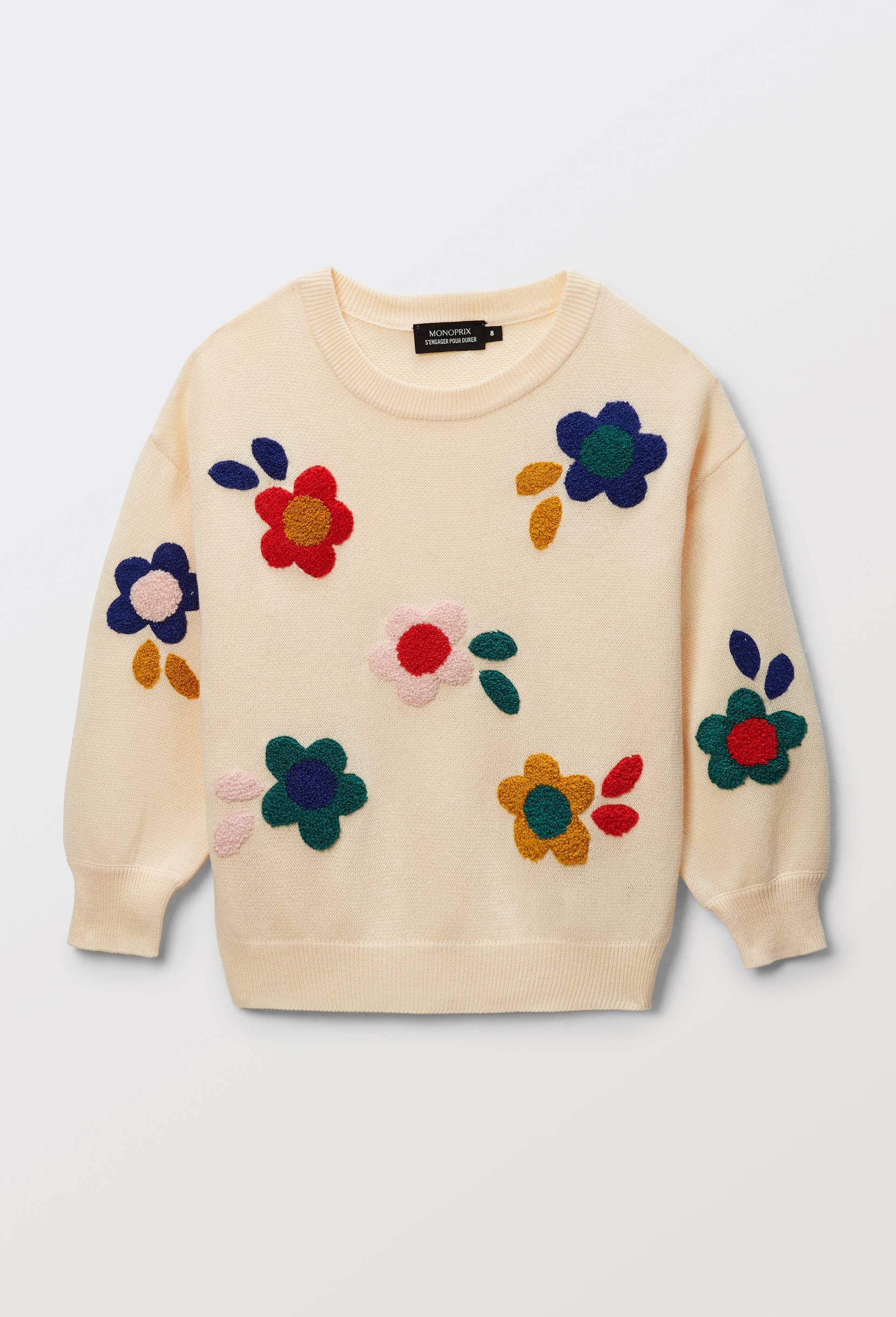 Pull brodé à bouclettes en coton, Ecru, swatch image
