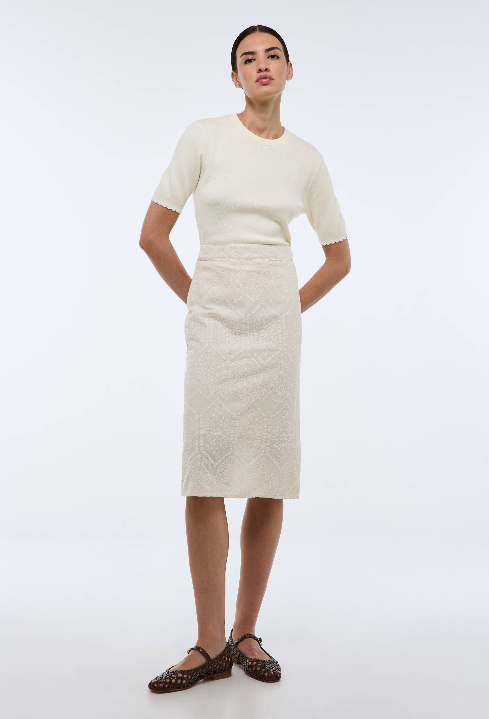 Jupe midi en dentelle unie en coton - MONOPRIX - Modalova