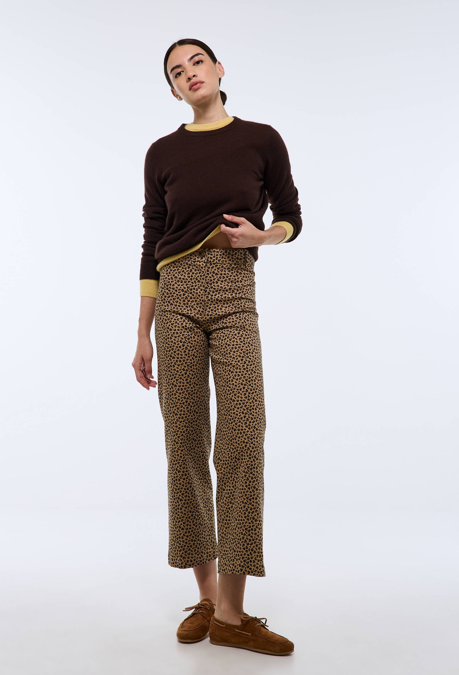 Pantalon large taille haute imprim&eacute; l&eacute;opard contenant du coton, Brun clair, swatch image