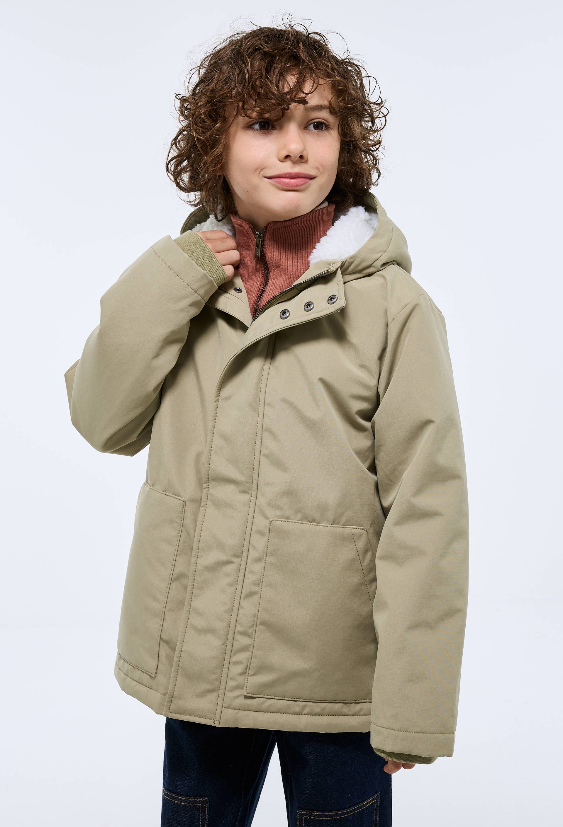 Parka &agrave; capuche unie doubl&eacute;e sherpa, Vert clair, large image number 0