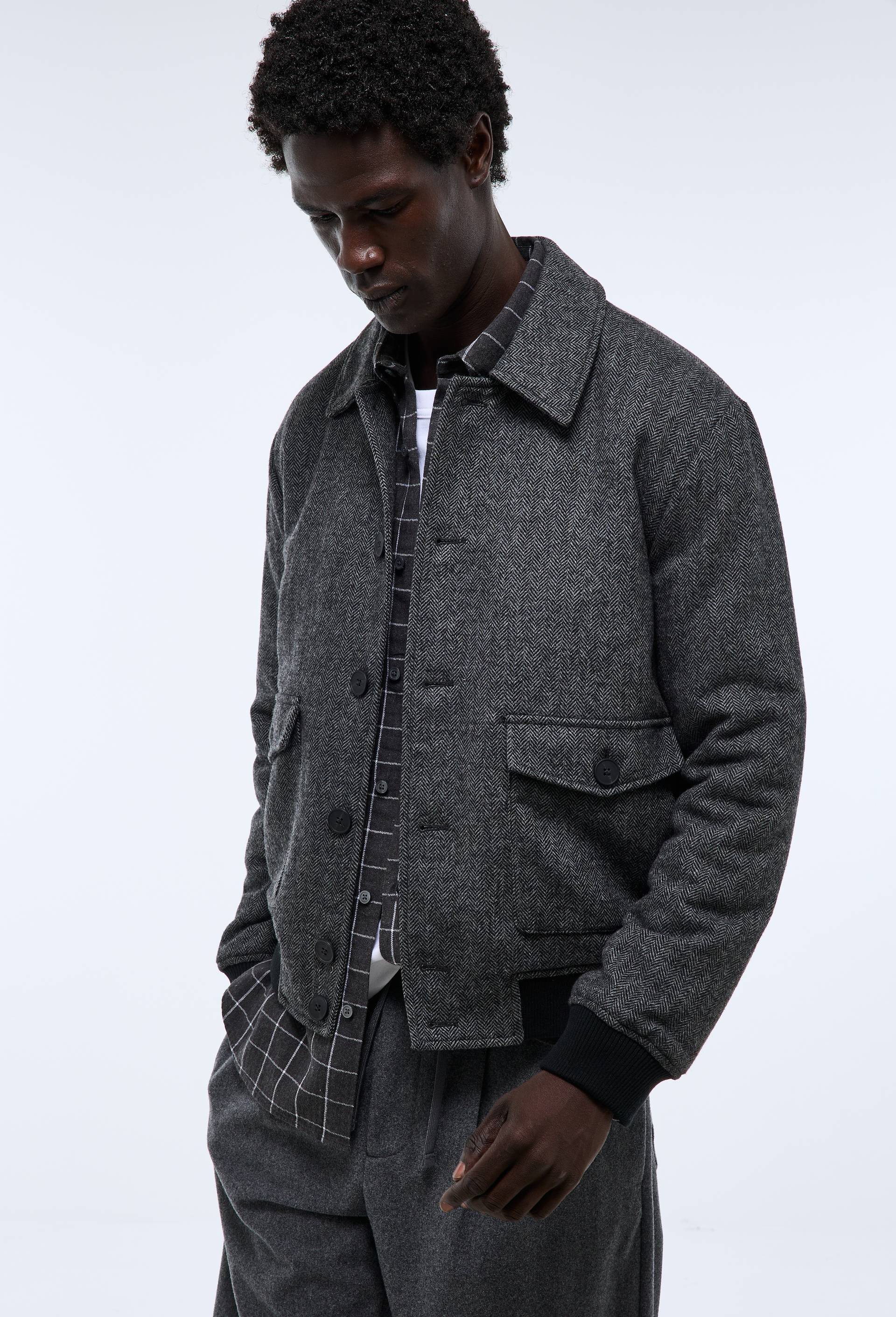 Veste &agrave; chevron doubl&eacute;e, en laine m&eacute;lang&eacute;e, Gris fonc&eacute;, large image number 2.0