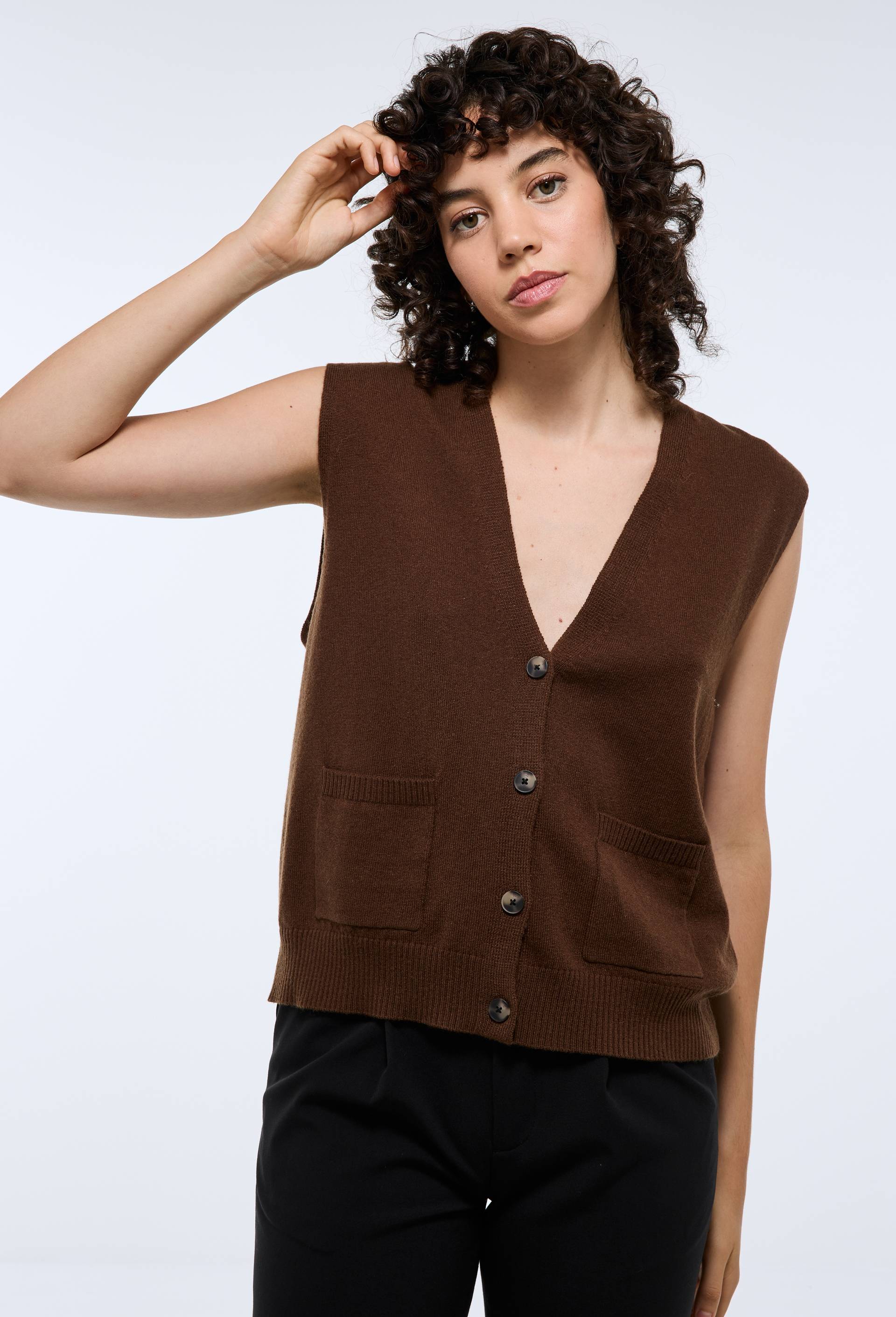 Cardigan sans manches contenant de la laine, Brun, large image number 0
