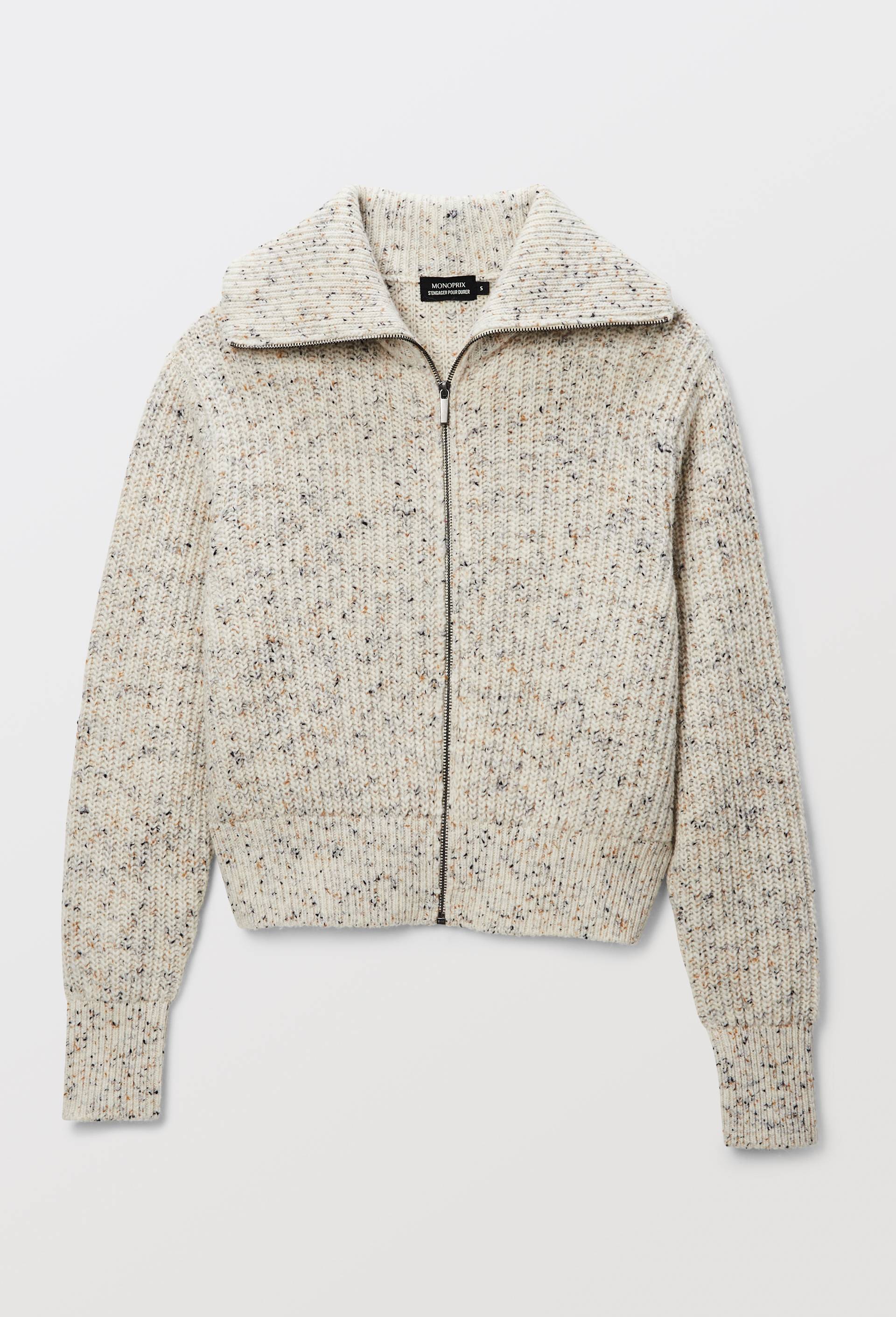 Cardigan zipp&eacute; en maille c&ocirc;tel&eacute;e contenant de la laine merinos, Ecru, large image number 2