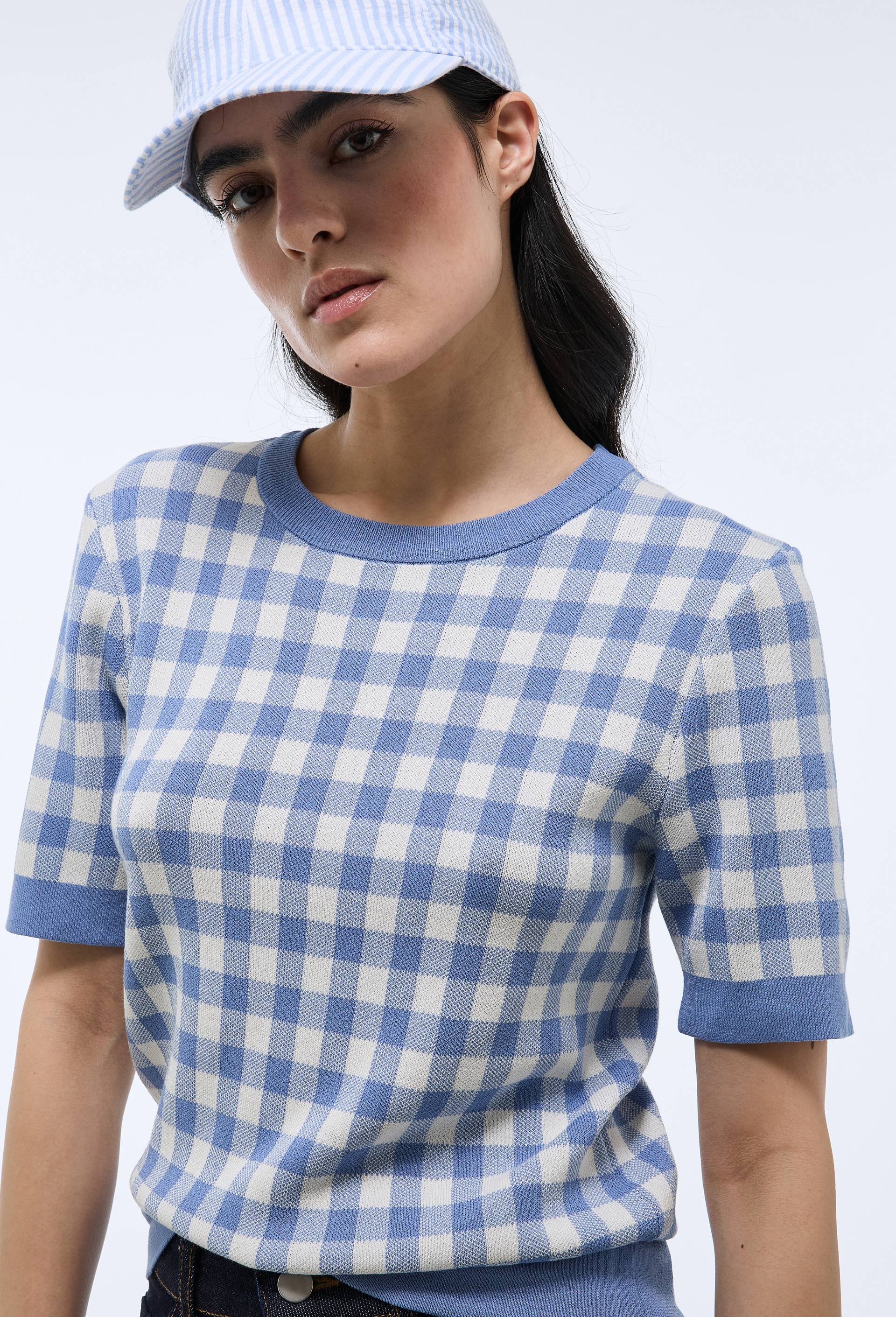 Pull manches courtes motif vichy, Bleu, large image number 0