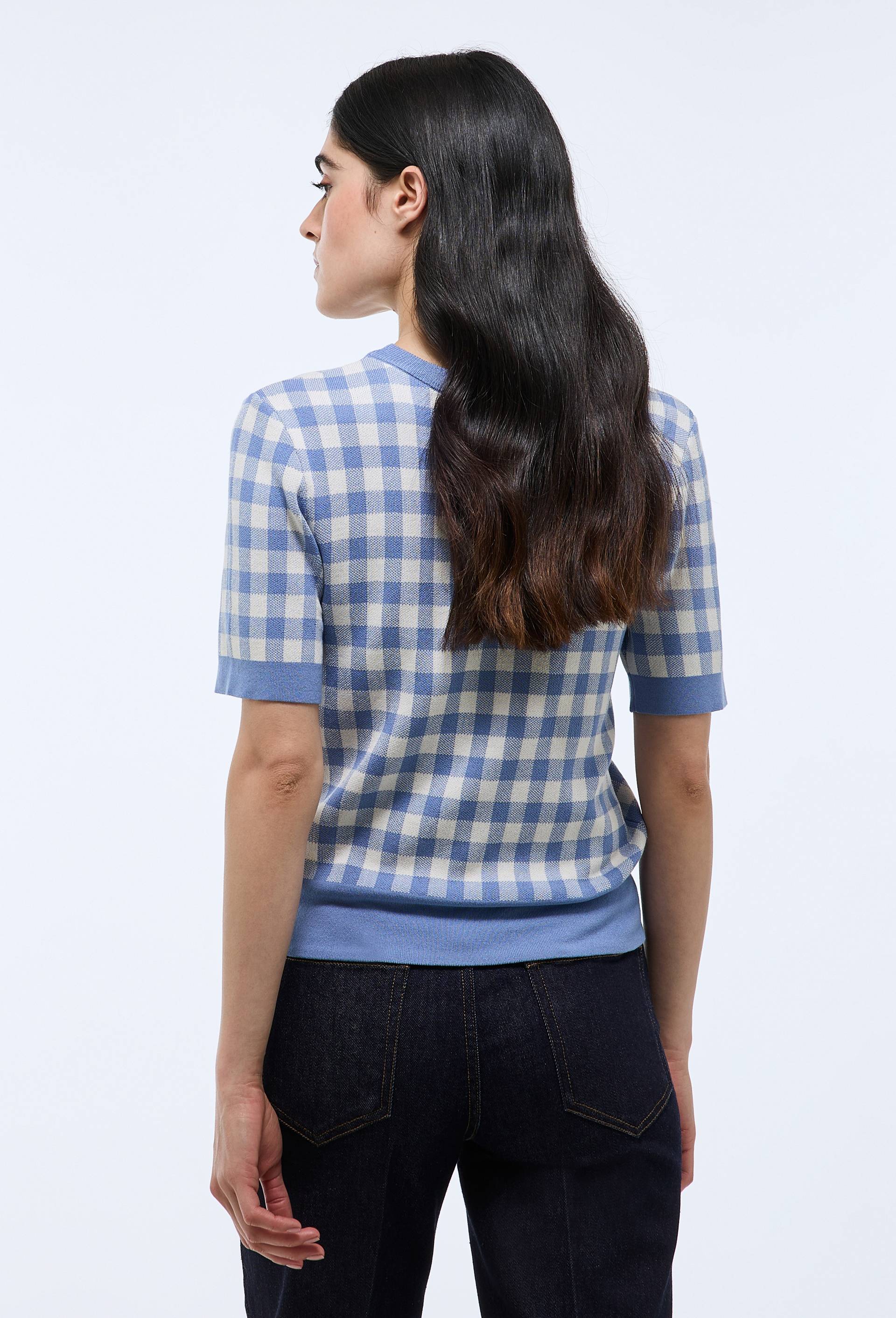Pull manches courtes motif vichy, Bleu, large image number 1
