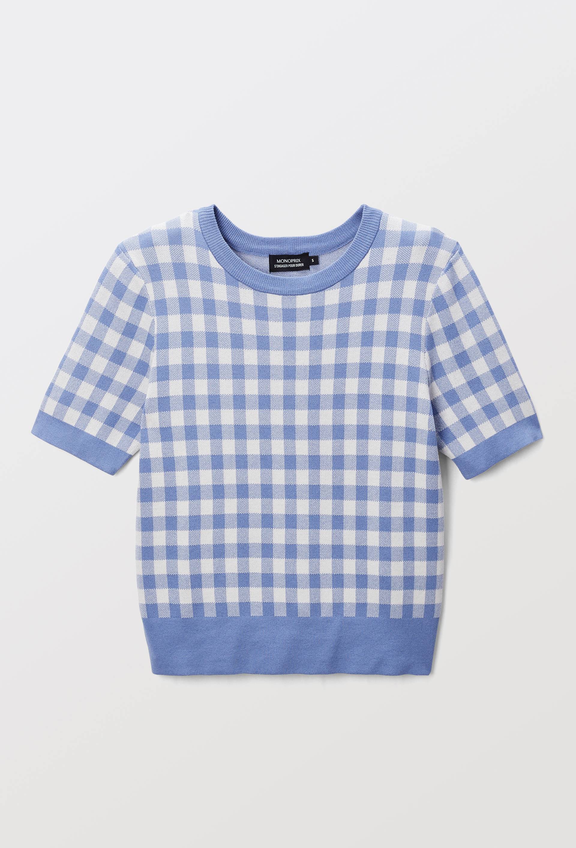 Pull manches courtes motif vichy, Bleu, large image number 2