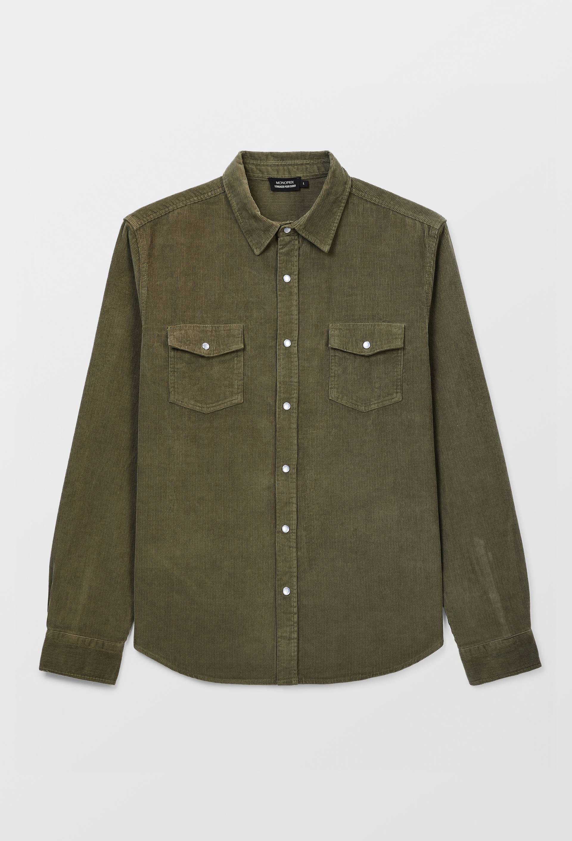 Chemise manches longues &agrave; snaps velours en coton BIO GOTS, Vert clair, large image number 2.0