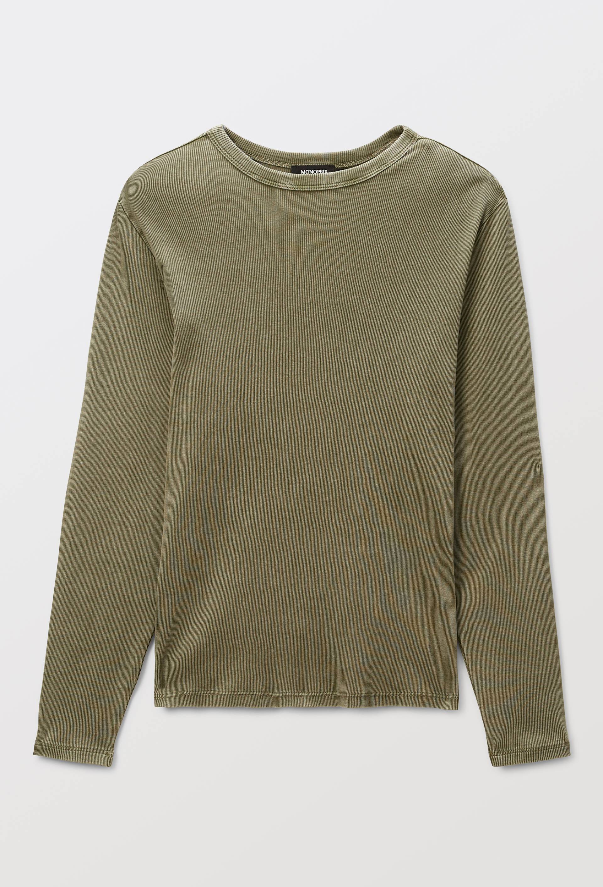 T-shirt à manches longues côtelé en coton BIO GOTS VERT FONCE pour