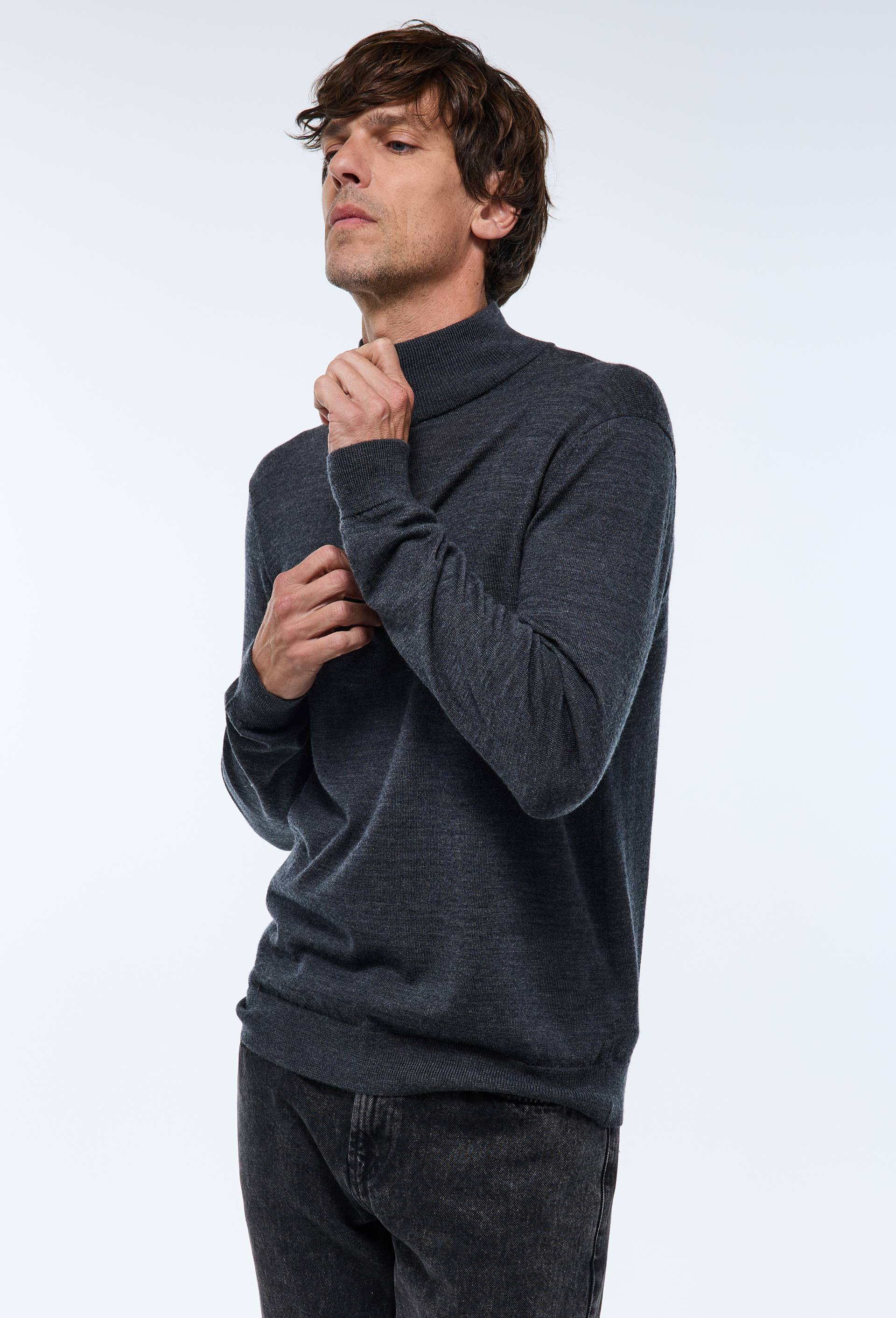 Pull col camionneur en laine m&eacute;rinos, Gris fonc&eacute;, swatch image
