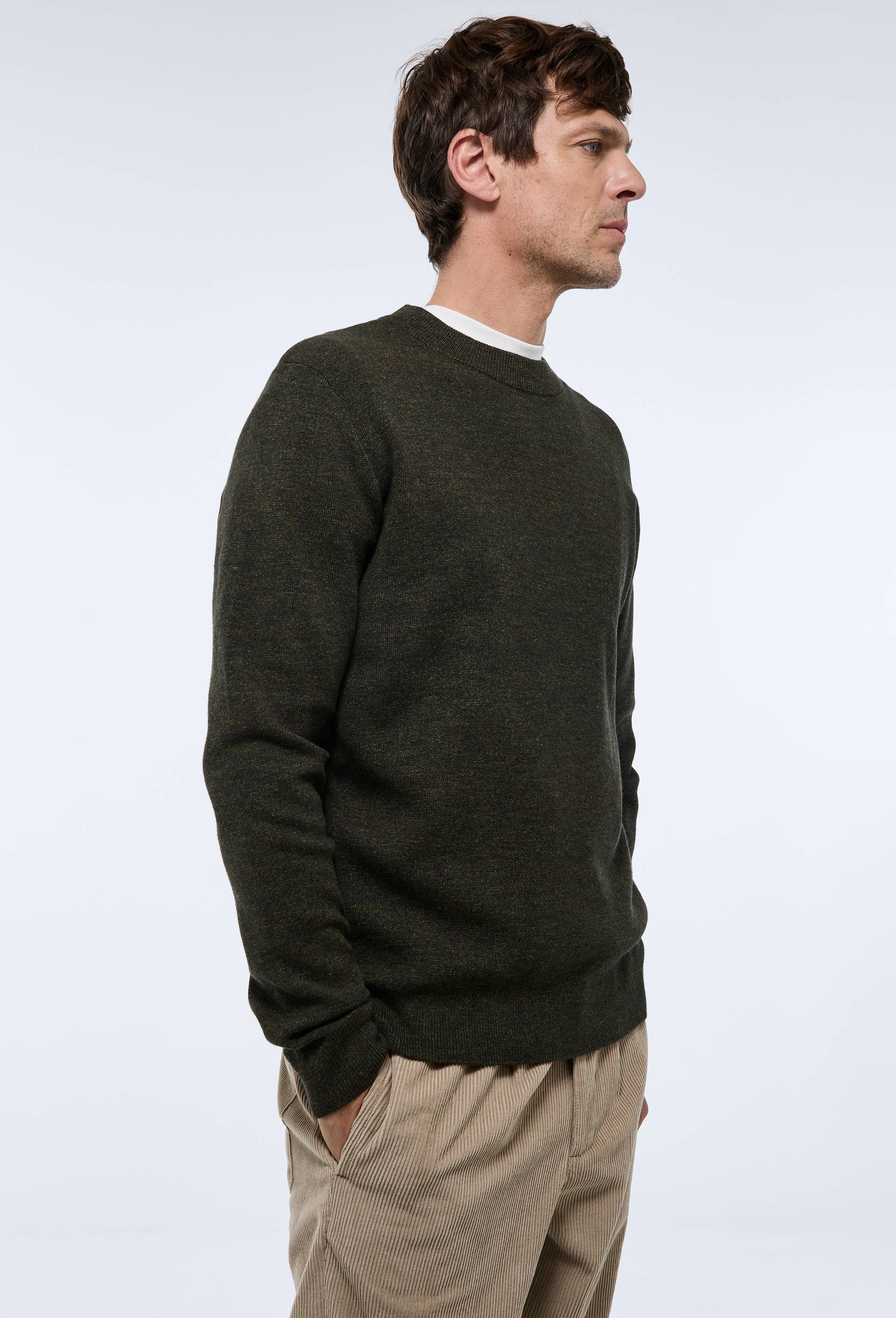 Pull col rond en coton et laine, Vert fonc&eacute;, large image number 2
