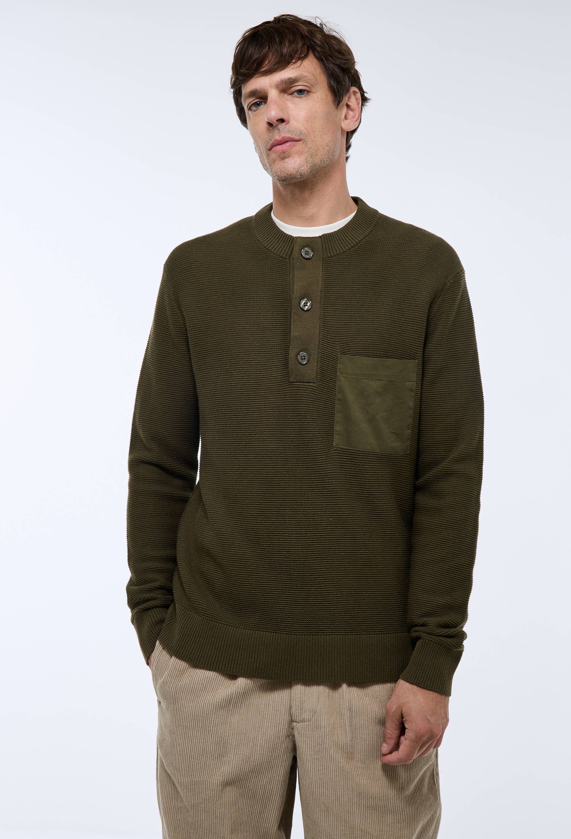 Pull col tunisien en m&eacute;lange coton et cachemire, Vert fonc&eacute;, swatch image