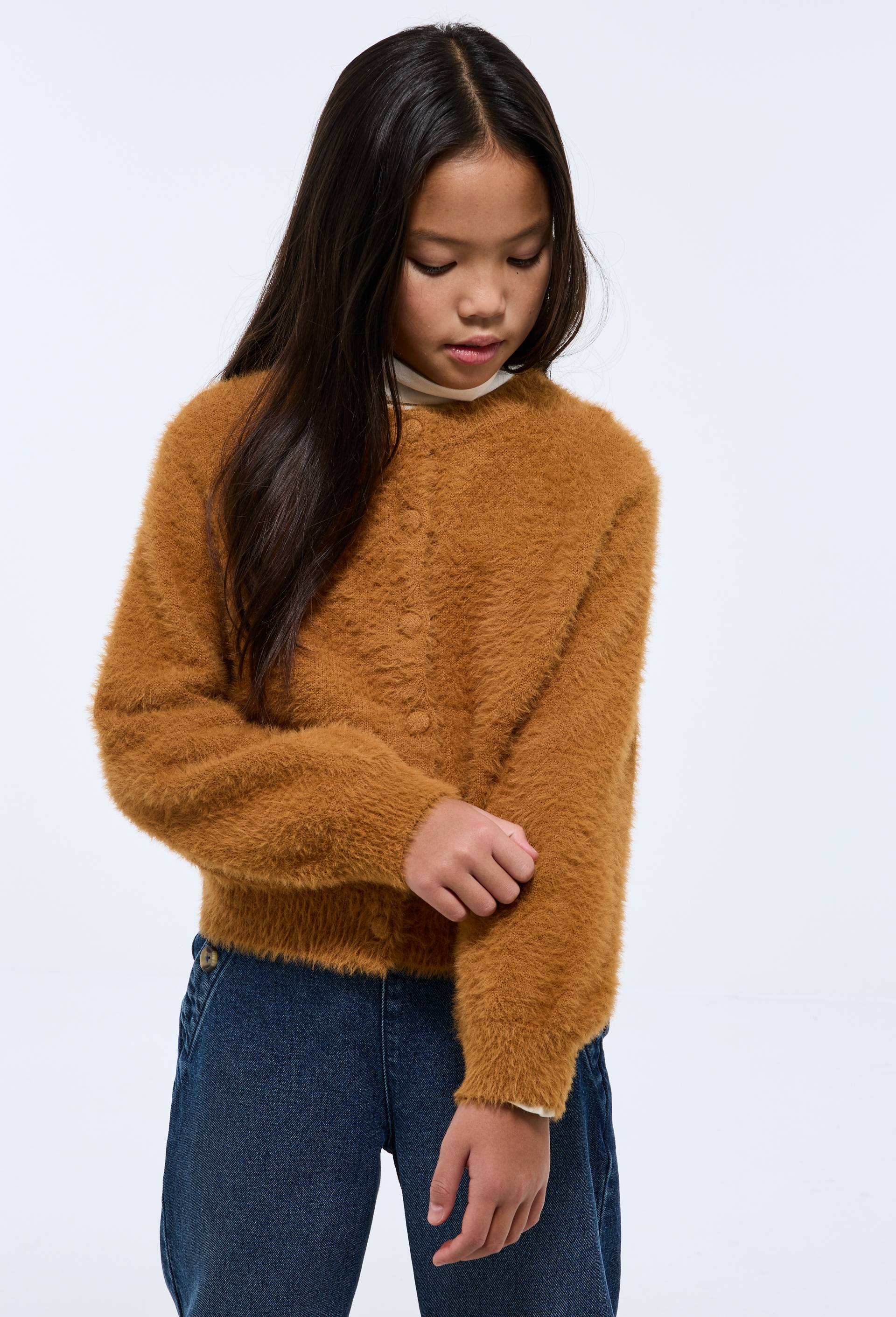 Cardigan uni effet poilu, Brun clair, swatch image