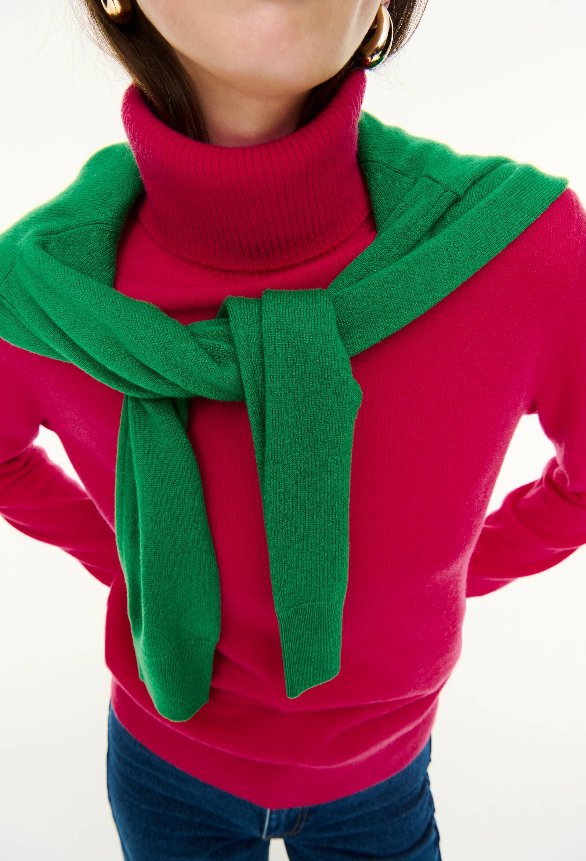Pull uni col roul&eacute; en 100% cachemire, Rose, large image number 2.0