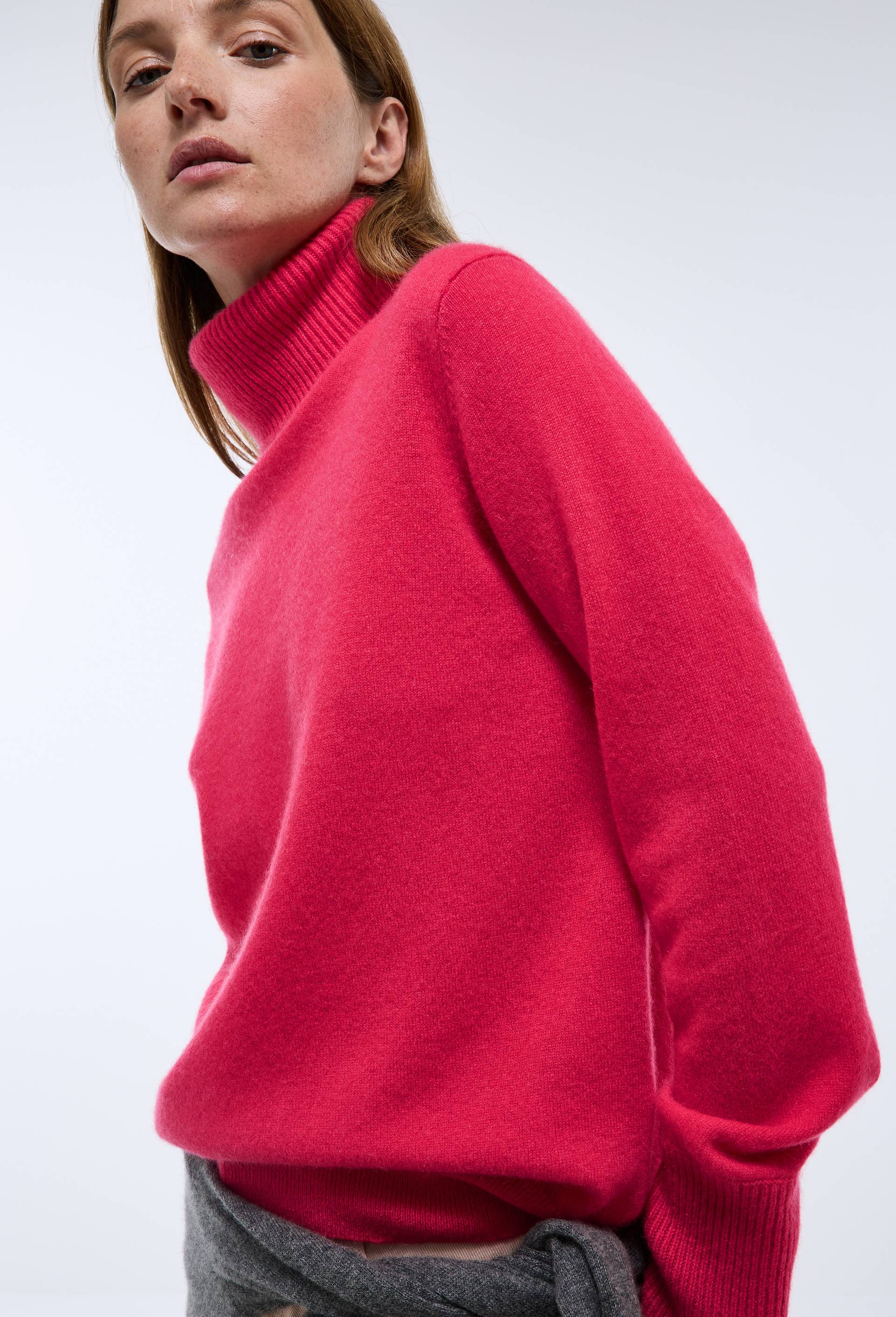 Pull uni col roul&eacute; en 100% cachemire, Rose, large image number 3.0