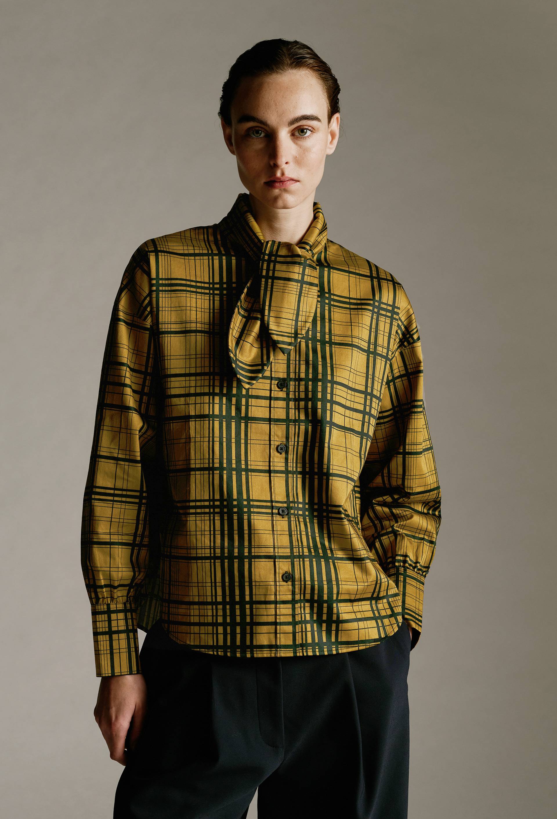 Chemise col nou&eacute; imprim&eacute;e en coton, Jaune fonc&eacute;, large image number 0