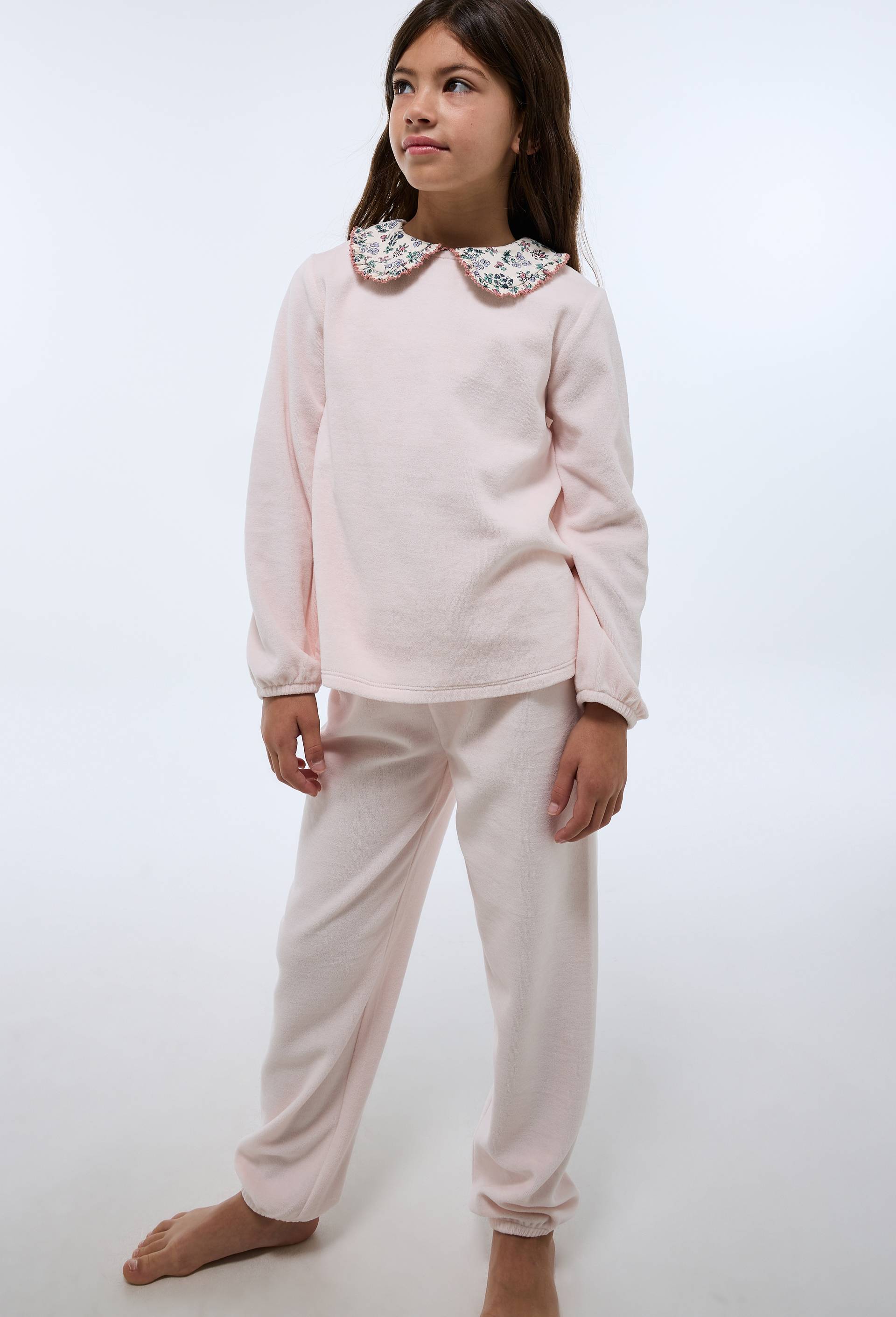 Pyjama velours manches longues avec col claudine uni en coton BIO GOTS, Rose clair, large image number 0