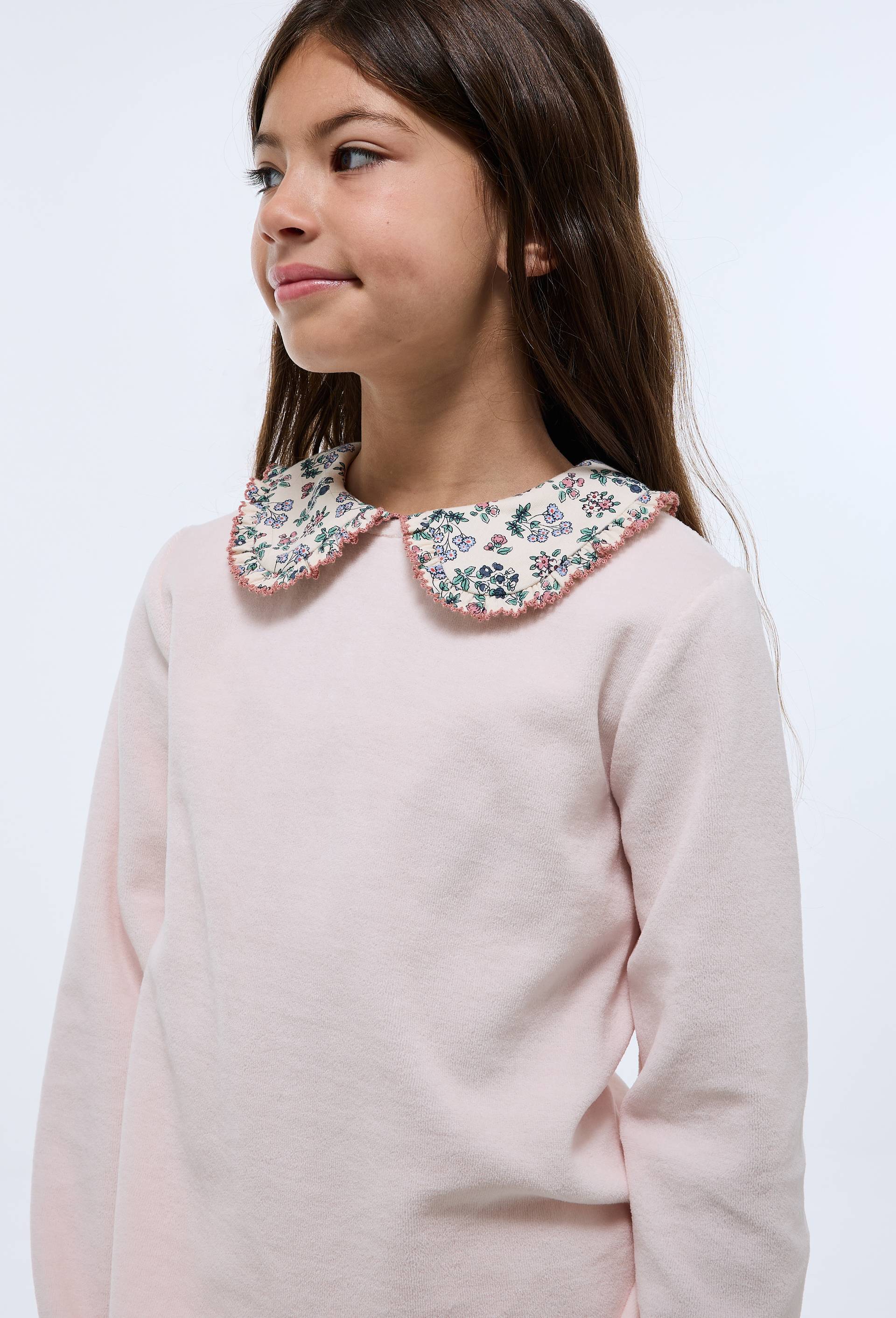 Pyjama velours manches longues avec col claudine uni en coton BIO GOTS, Rose clair, large image number 1.0