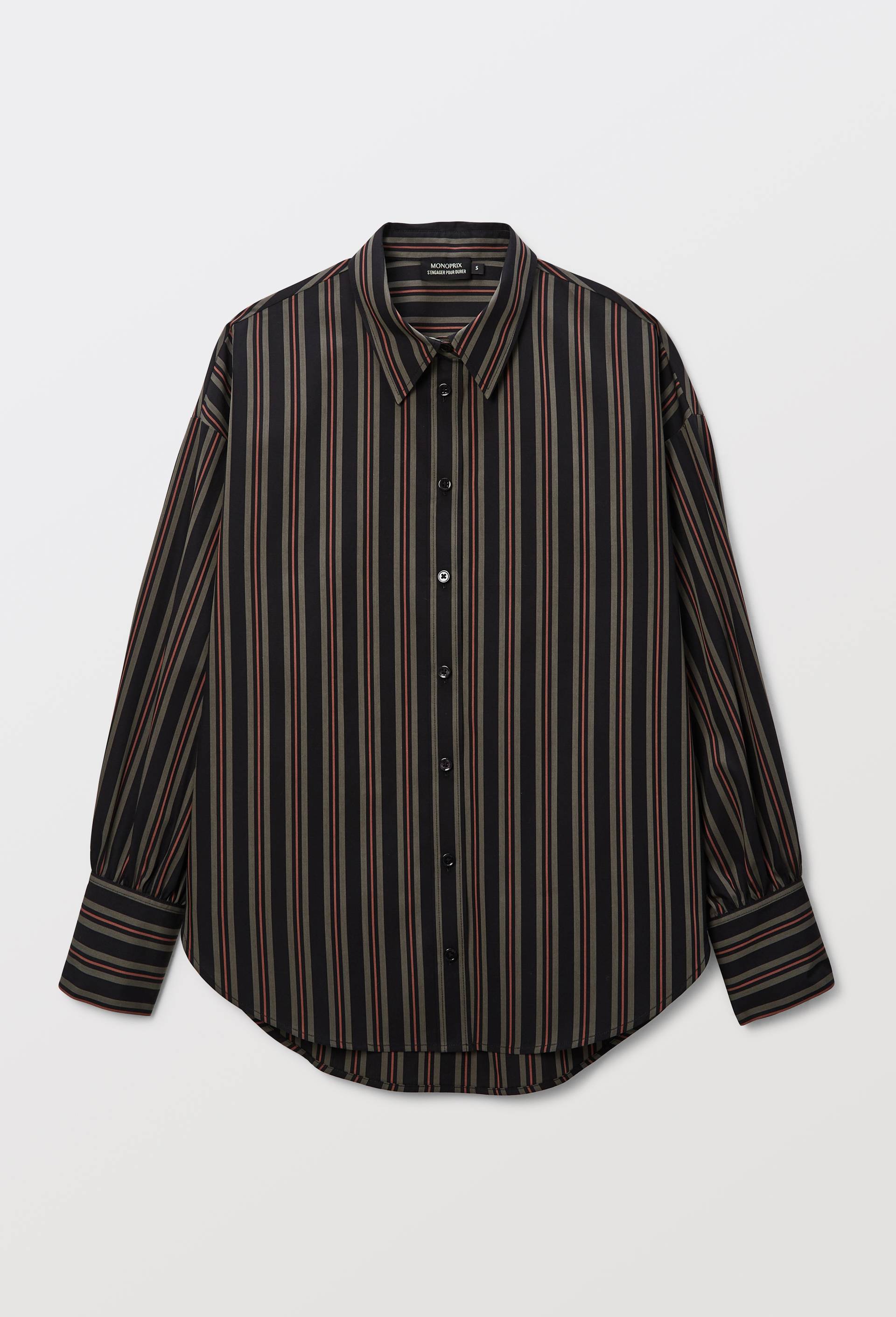 Chemise manches longues ray&eacute;e en coton BIO GOTS, Noir, large image number 3.0