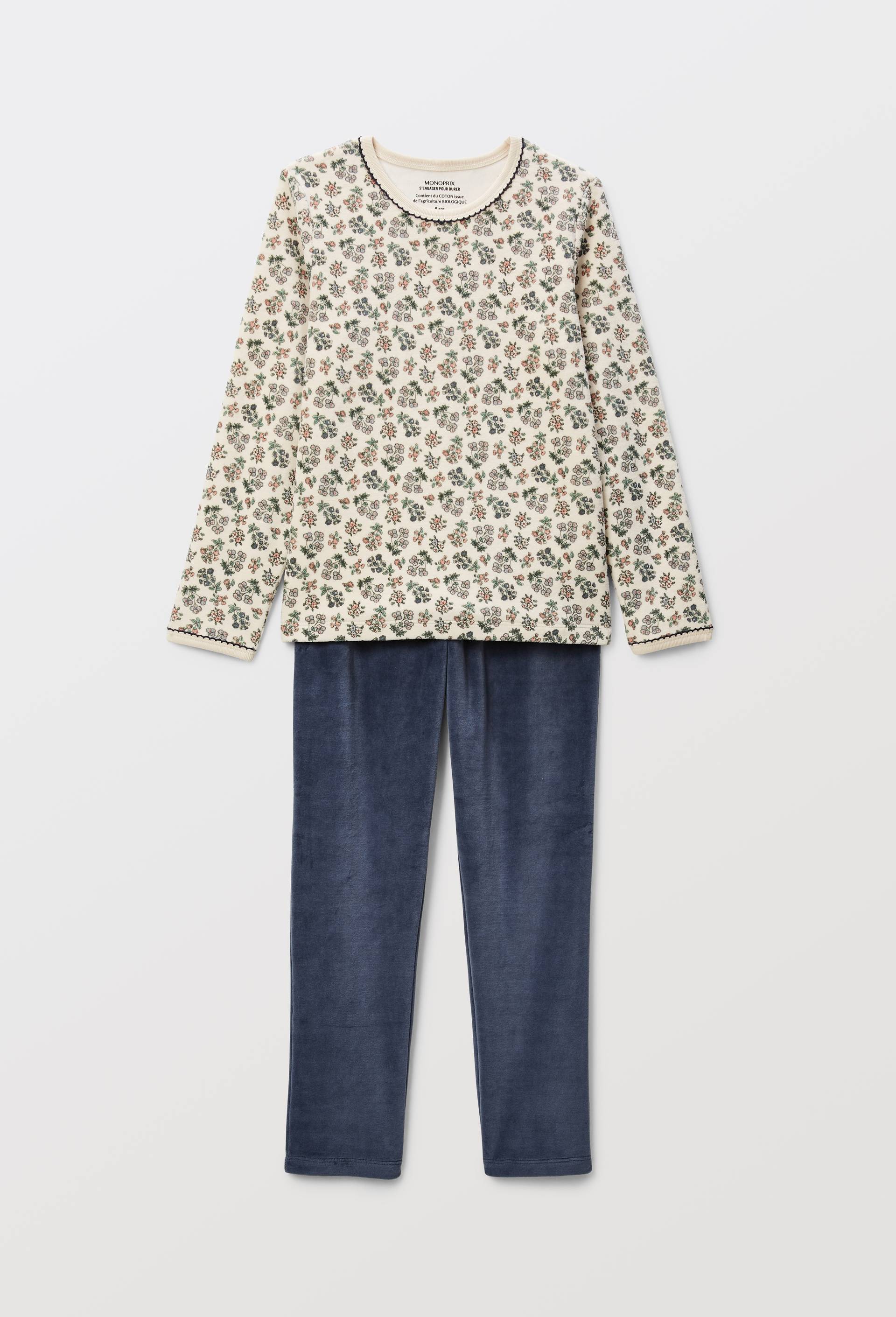 Pyjama velours manches longues imprim&eacute; en coton BIO GOTS, Bleu fonc&eacute;, large image number 3.0