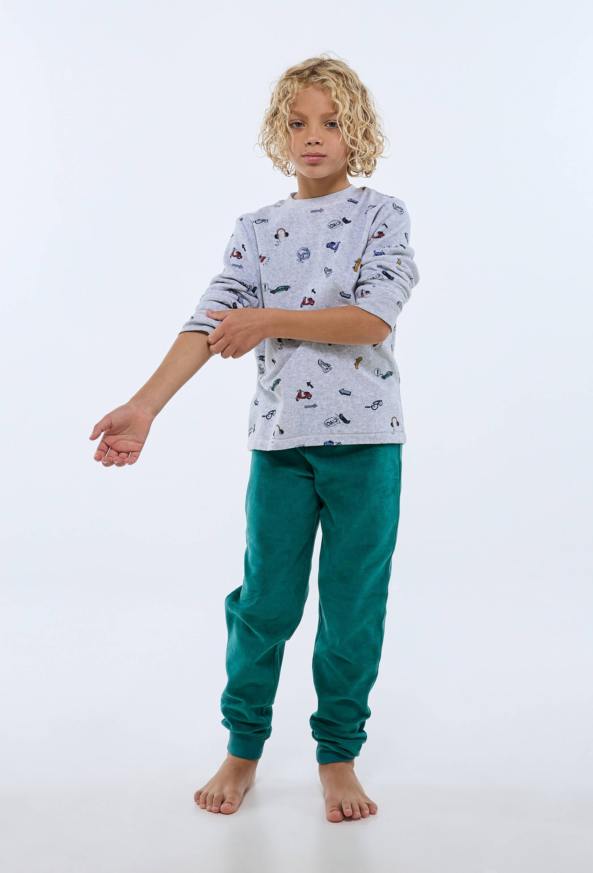 Pyjama velours manches longues imprim&eacute; en coton BIO GOTS, Vert fonc&eacute;, large image number 0.0