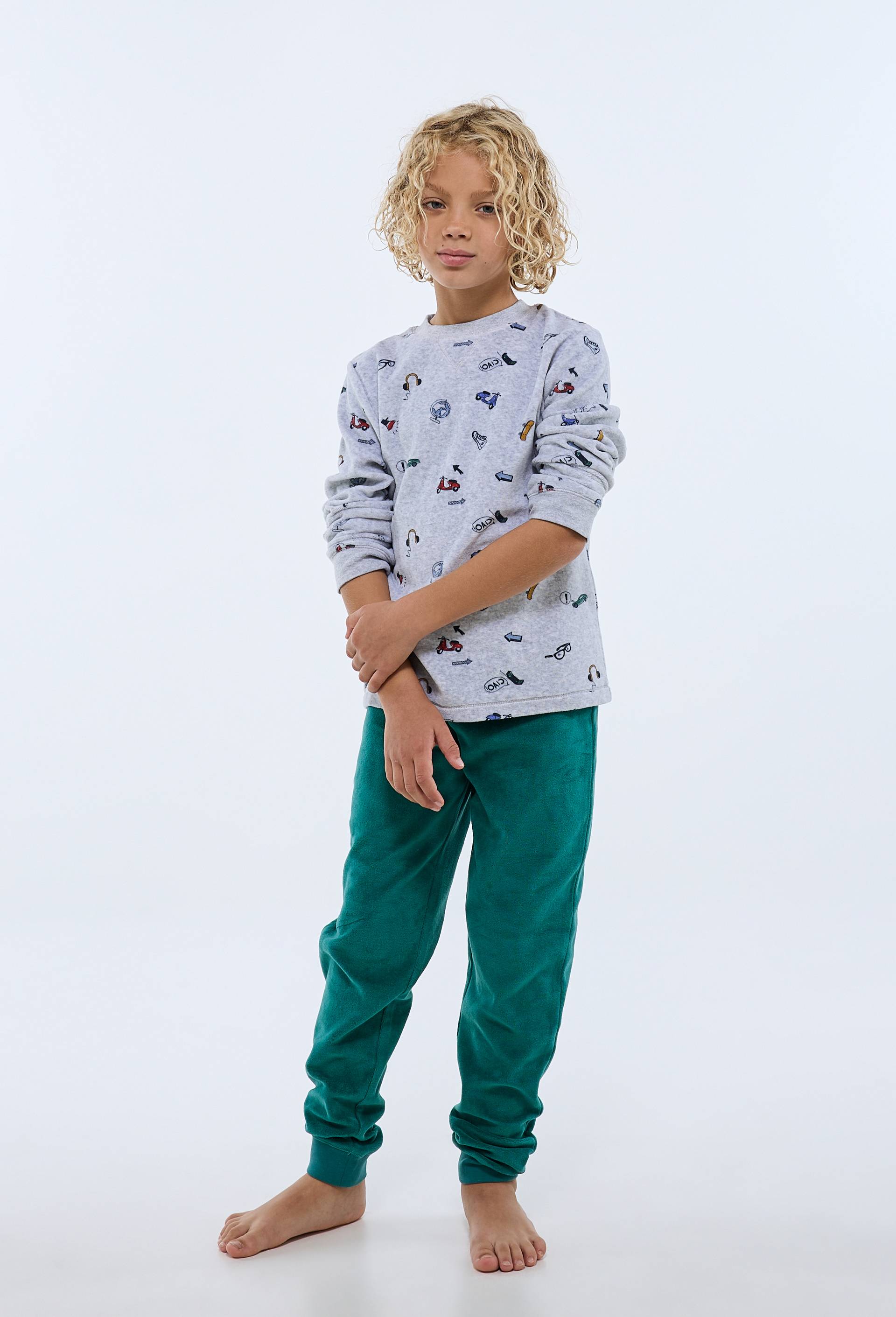 Pyjama velours manches longues imprim&eacute; en coton BIO GOTS, Vert fonc&eacute;, large image number 1