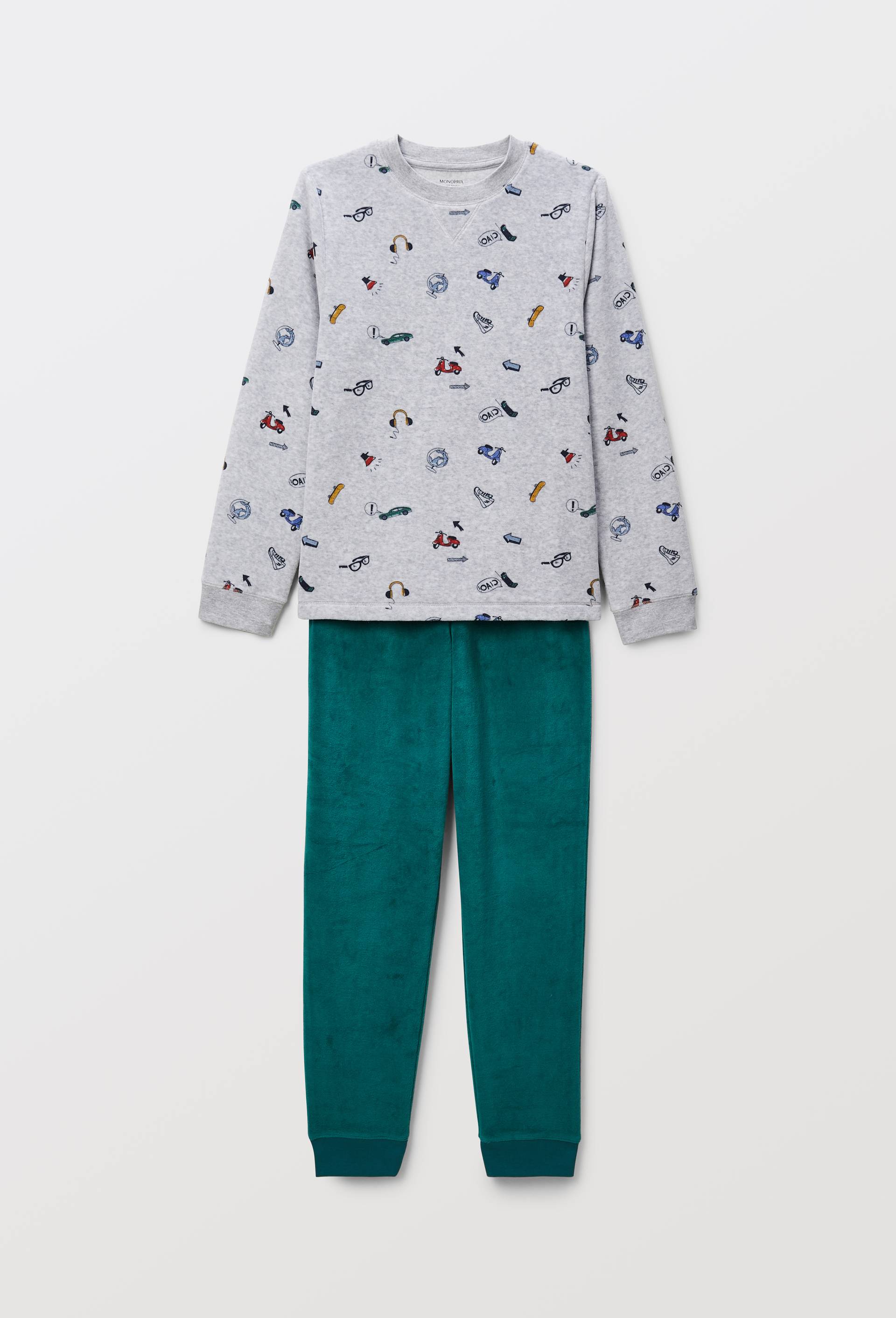 Pyjama velours manches longues imprim&eacute; en coton BIO GOTS, Vert fonc&eacute;, large image number 2