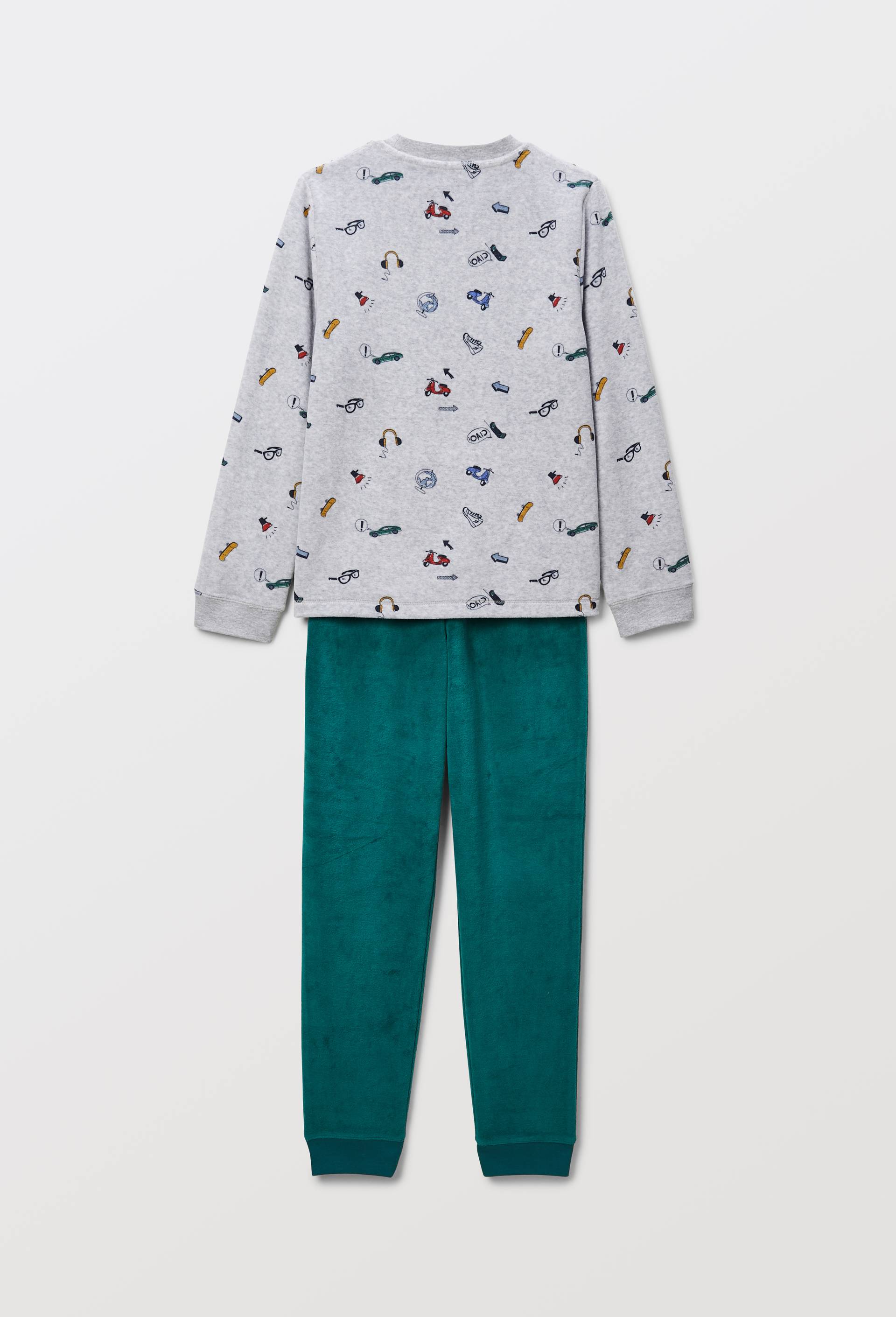 Pyjama velours manches longues imprim&eacute; en coton BIO GOTS, Vert fonc&eacute;, large image number 3.0