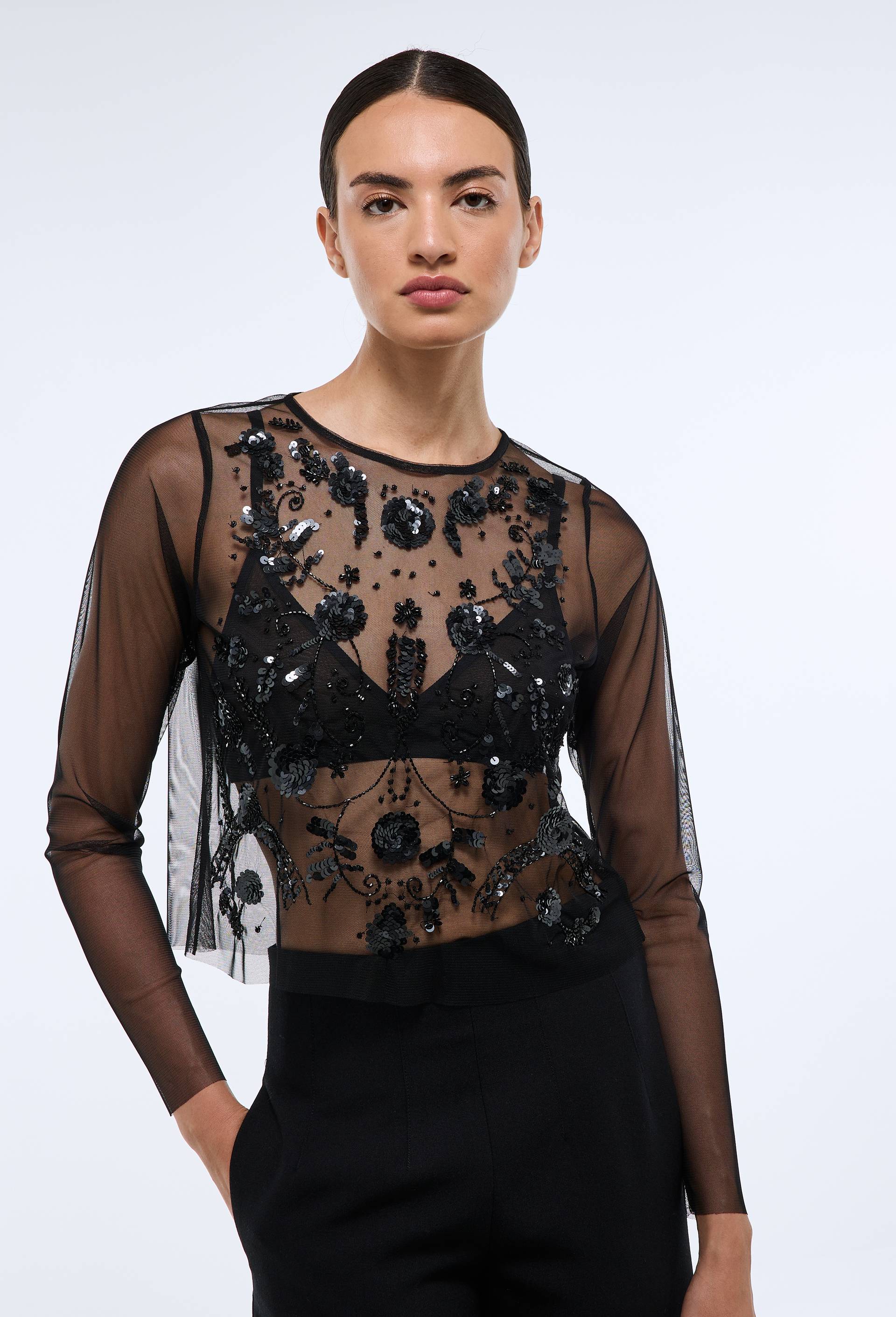 Top transparent avec d&eacute;tails en sequins et perles, Noir, large image number 1