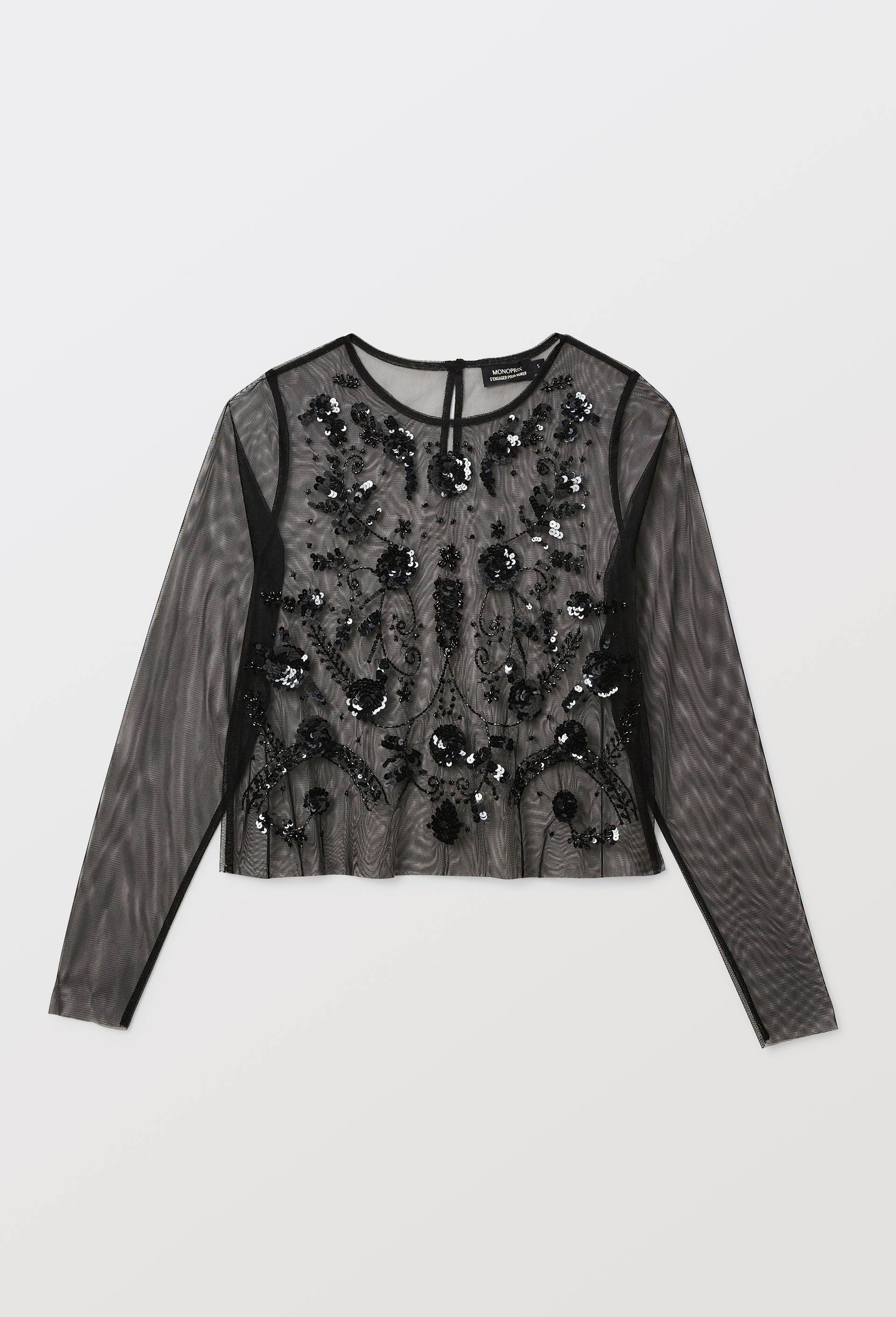 Top transparent avec d&eacute;tails en sequins et perles, Noir, large image number 3
