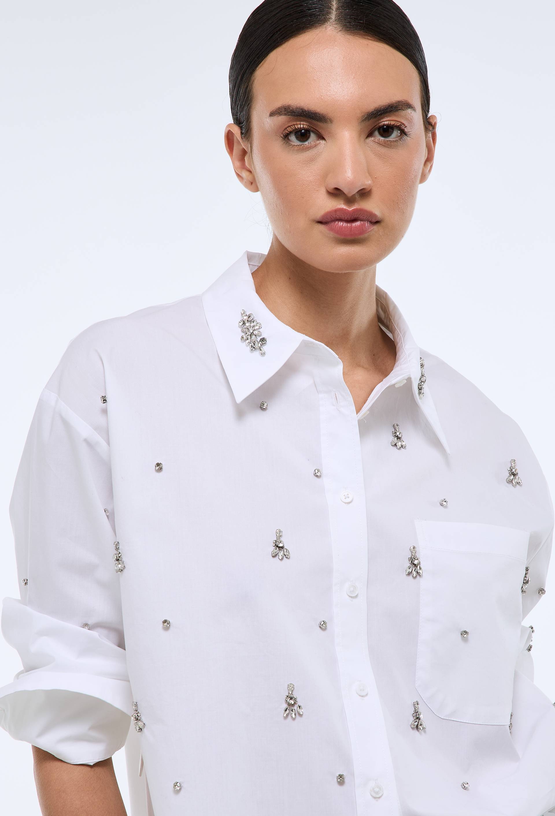 Chemise manches longues avec détails bijoux en coton BIO GOTS BLANC pour femme MONOPRIX