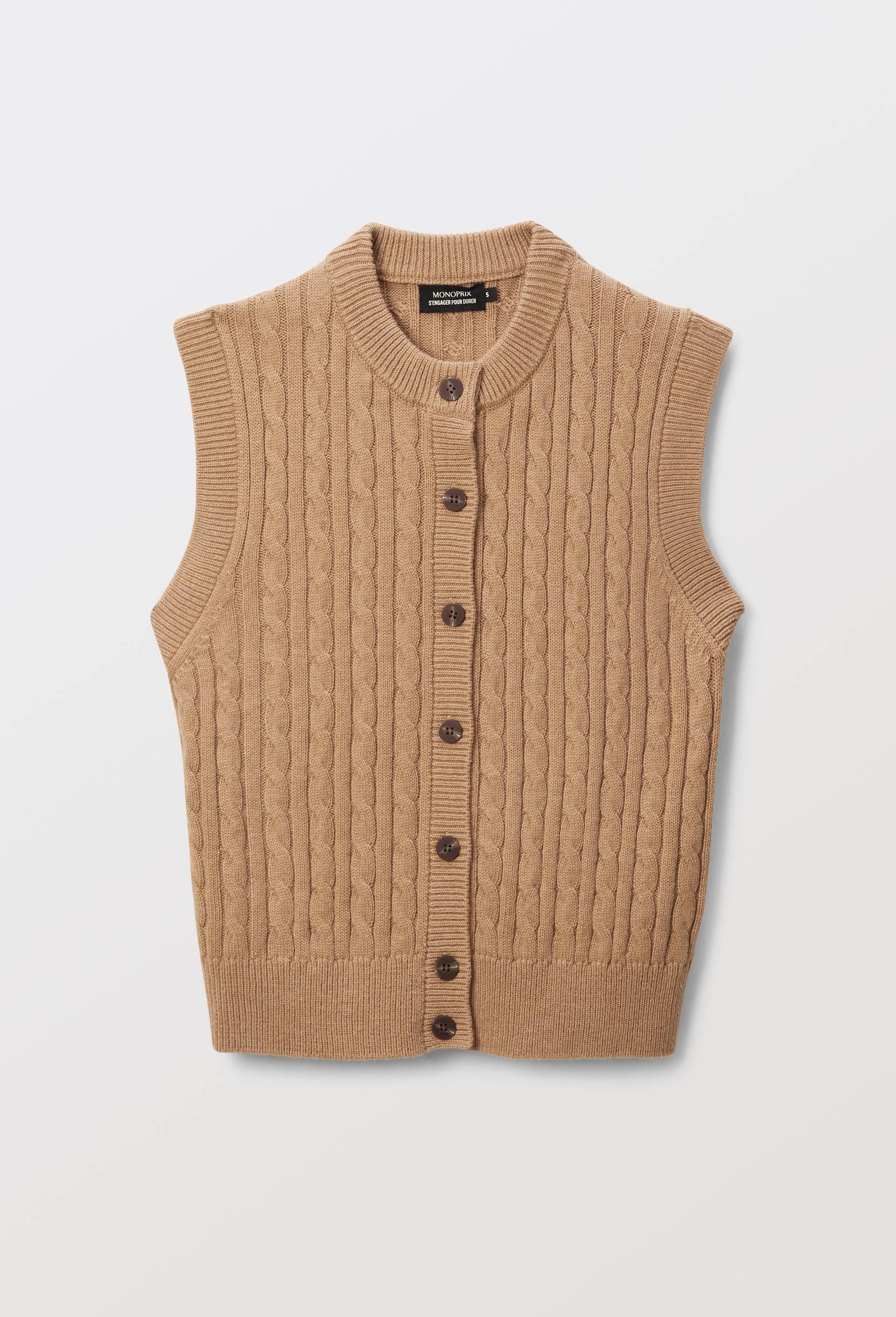 Polo sans manche en maille &agrave; torsades, Beige, large image number 2